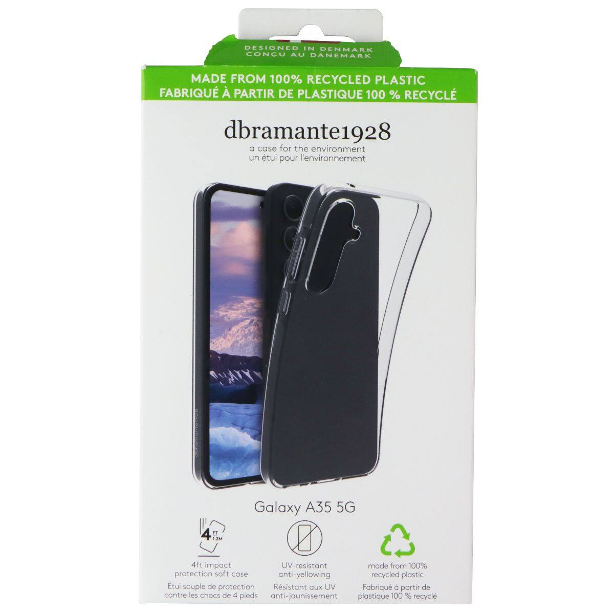 DESIGNED IN DENMARK  
CONCU AU DANEMARK  
MADE FROM 100% RECYCLED PLASTIC  
FABRIQUÉ À PARTIR DE PLASTIQUE 100% RECYCLÉ  

dbramante1928  
a case for the environment  
un étui pour l'environnement  

Galaxy A35 5G  

4ft impact  
protection soft case  
Étui souple de protection contre les chocs de 4 pieds  

UV-resistant  
anti-yellowing  
Résistant aux UV  
anti-jaunissement  

made from 100% recycled plastic  
Fabriqué à partir de plastique 100% recyclé