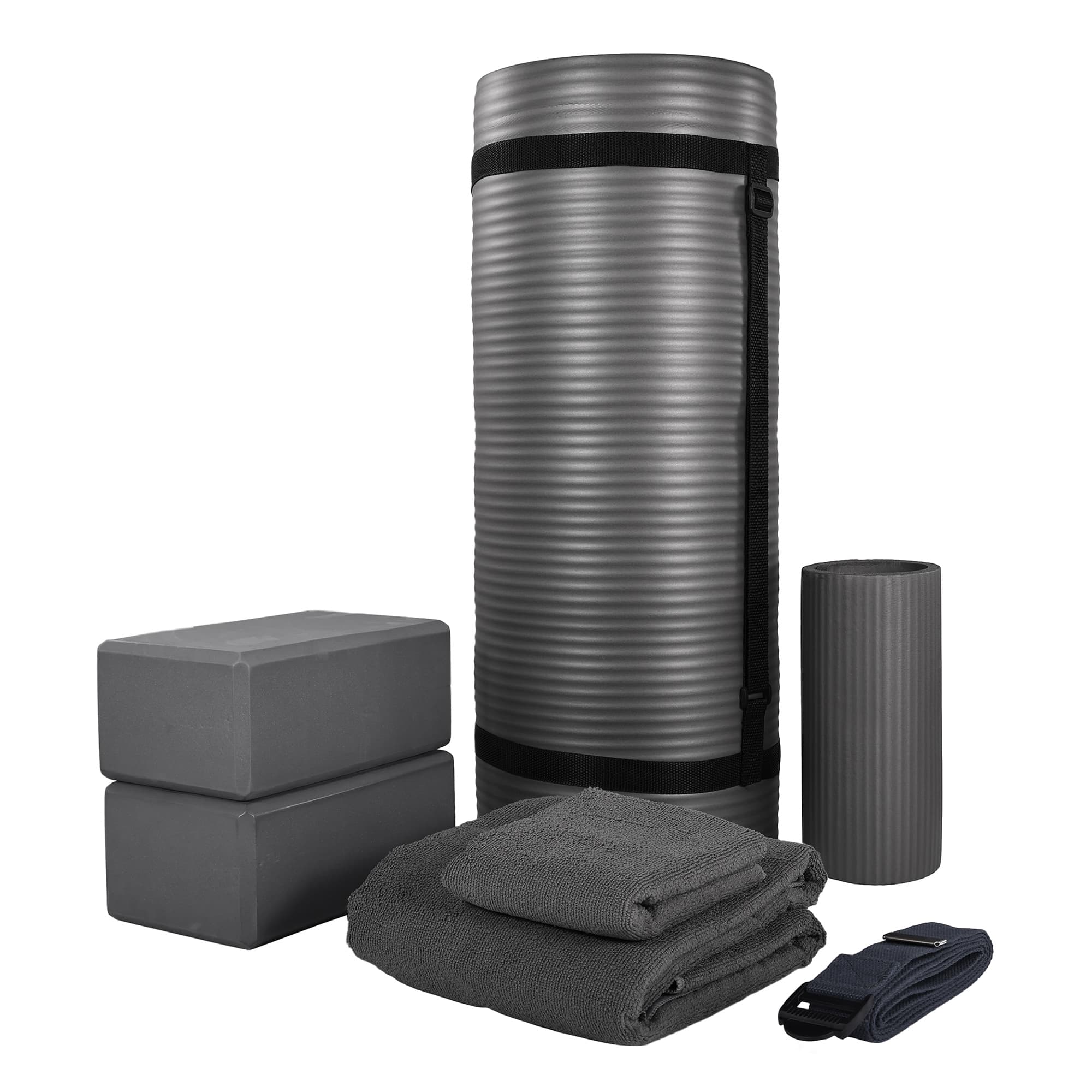 BalanceFrom Fitness - 7 Piece Yoga Set with Mat, Stretch Strap, & Knee Pad - Gray