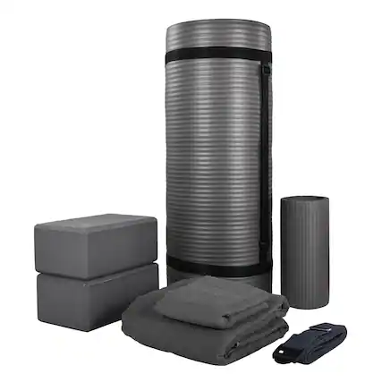 Front. BalanceFrom Fitness - BalanceFrom Fitness 7 Piece Yoga Set with Mat, Stretch Strap, & Knee Pad, Gray - Gray.