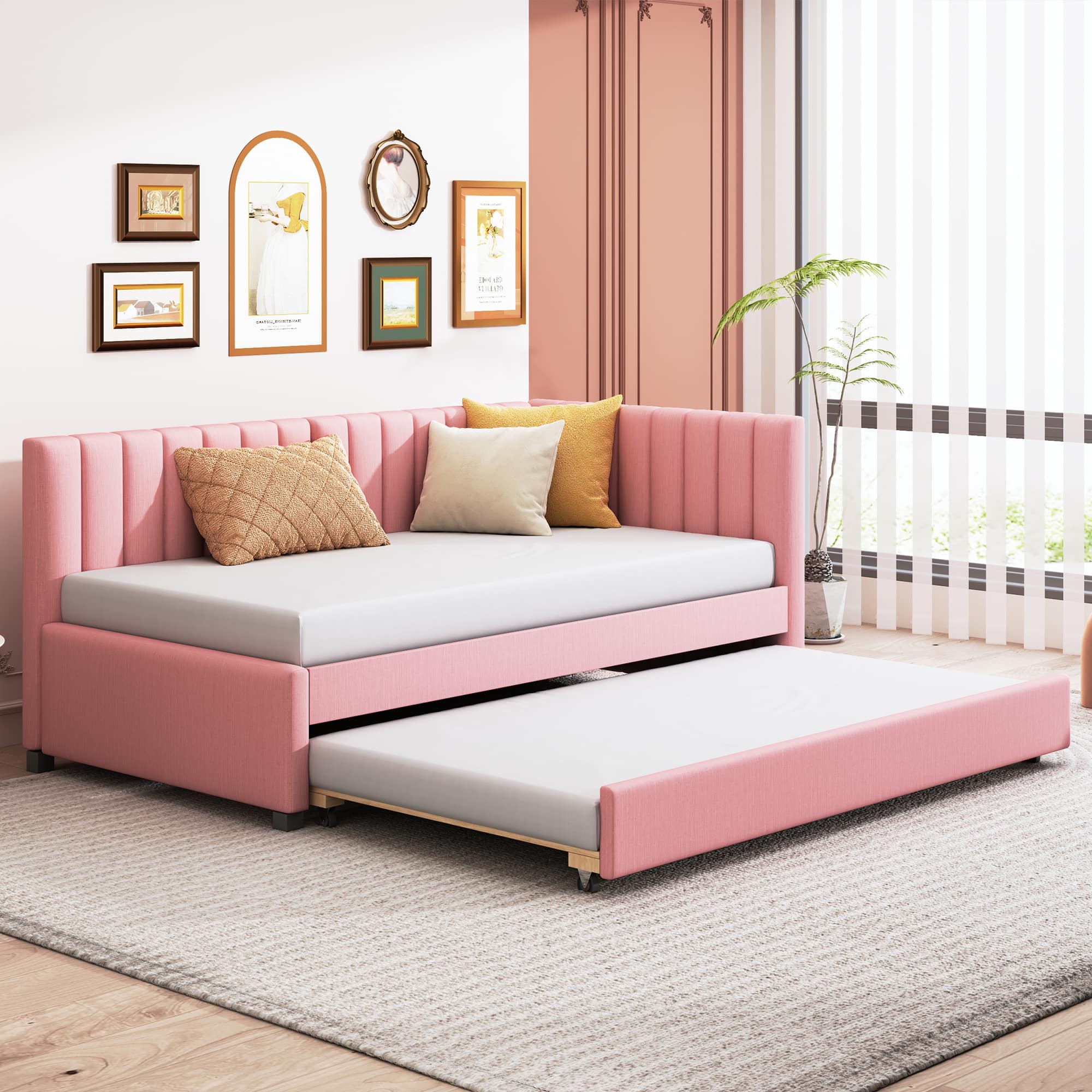 Tiramisubest - Upholstered Daybed with Trundle Twin Size Sofa Bed Frame No Box Spring Needed, Linen Fabric(Pink) - Pink