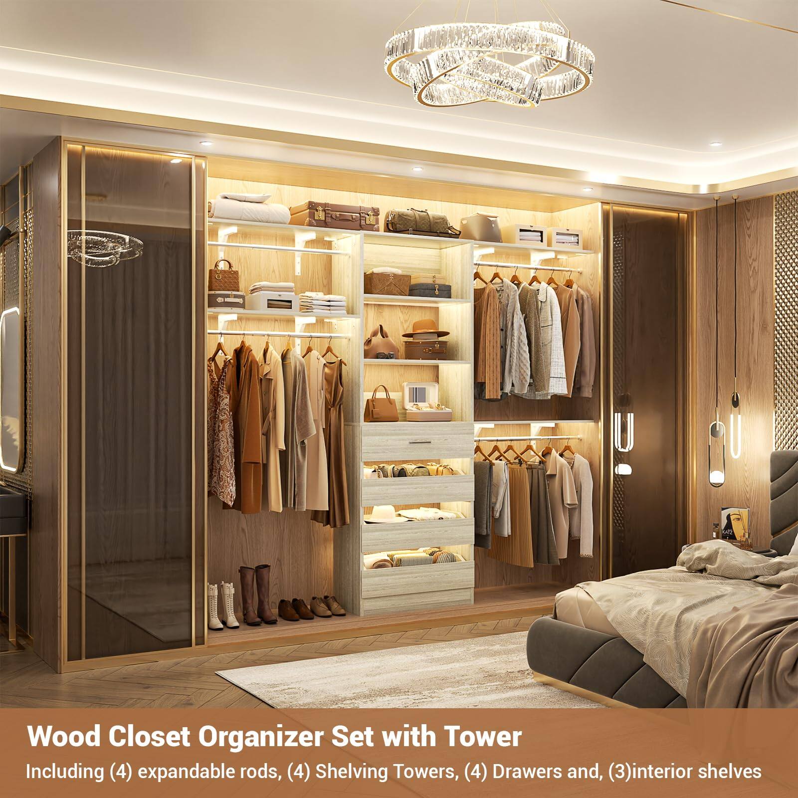 Wood Closet Organizer Set with Tower  
Including (4) expandable rods, (4) Shelving Towers, (4) Drawers and, (3) interior shelves