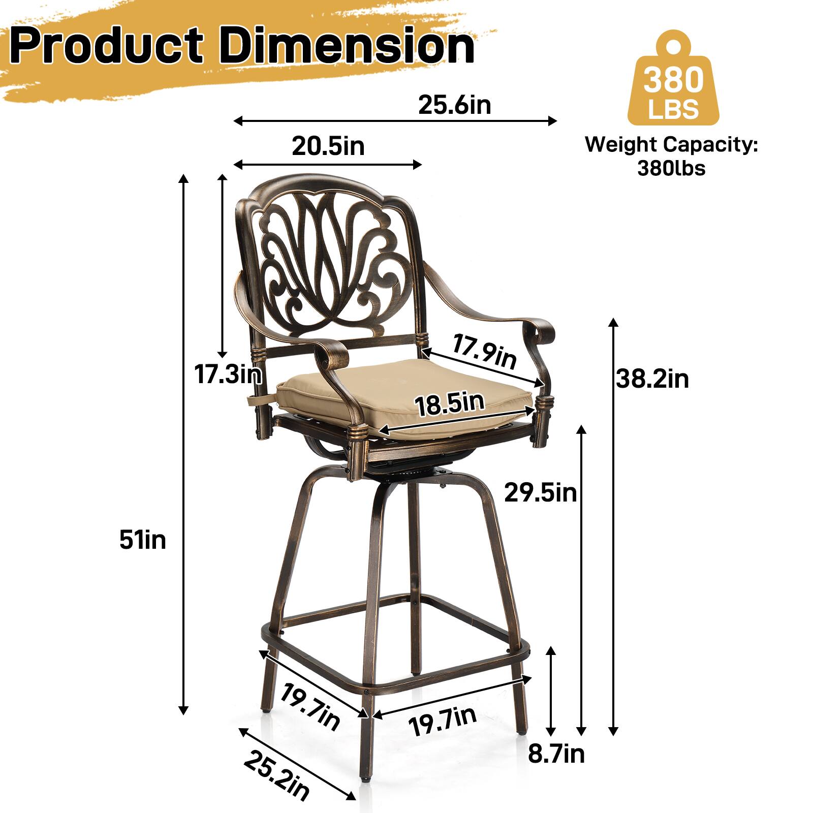 Product Dimension  
25.6in x 20.5in x 38.2in x 29.5in x 51in x 17.3in x 17.9in x 18.5in x 25.2in x 19.7in x 19.7in x 8.7in  

Weight Capacity: 380lbs