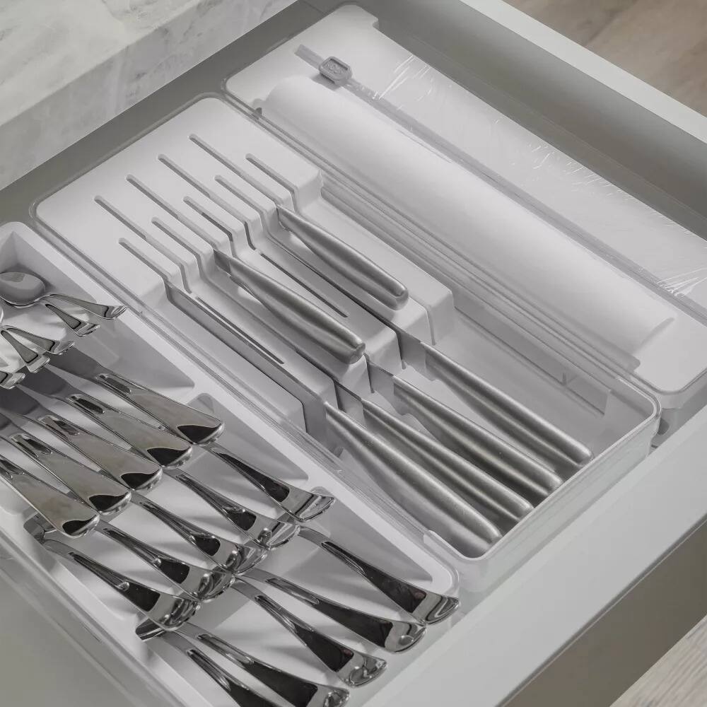 Angle. OU - OU In-Drawer Silverware and Utensils Organizer Set – Knife & Utensil Holder, Wrap Roll Dispenser - White - White.
