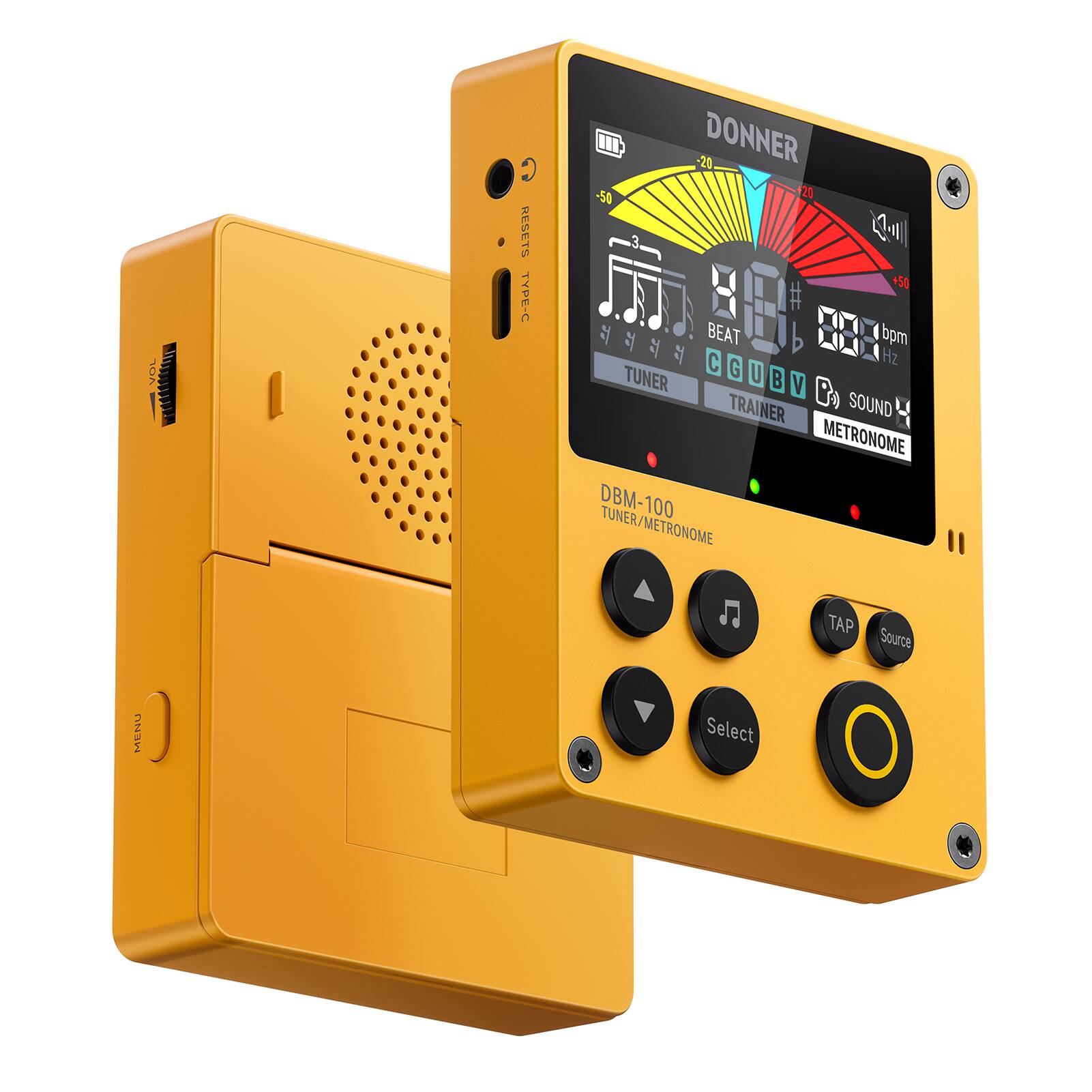 You I G RESPTS TYPE-C II -20 DONNER -50 28 3 4 N50 # BEAT bpm C Hz TUNER CGUBV G U V B : TRAINER SOUND METRONOME DBM-100 TUNER/METRONOME TAP Source MENU Select