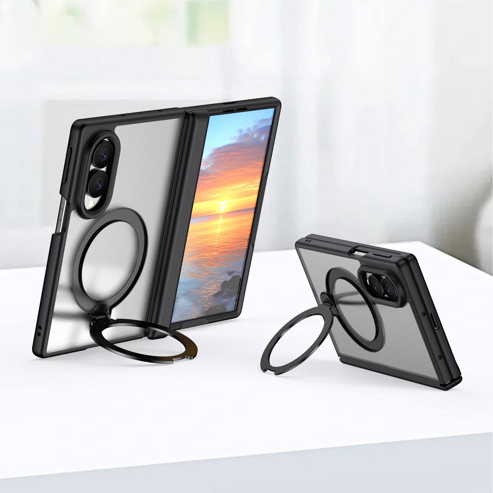 Angle. Dteck - For Samsung Galaxy Z Fold8 Magnetic Case Built-in Screen Protector,Shockproof Ring Stand Clear Back Hinge Protect Cover - Black.