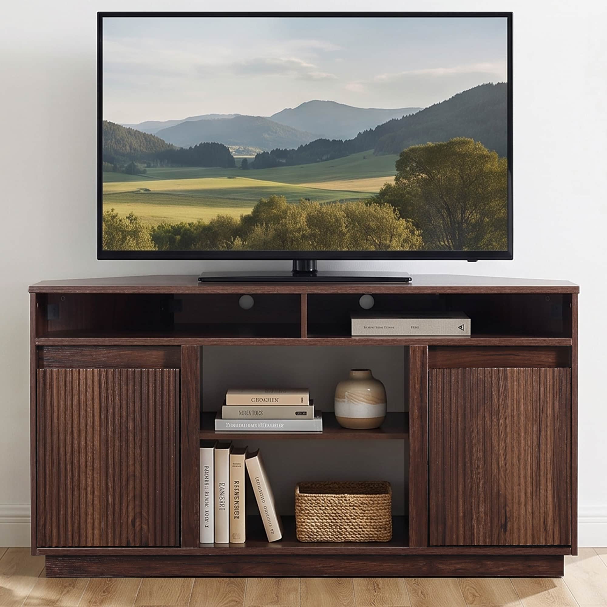 Ihomeadore - 47" Farmhouse Fluted Corner TV Stand, Media Console with Storage Shelves and Cable Management for TVs up to 55" - Dark brown