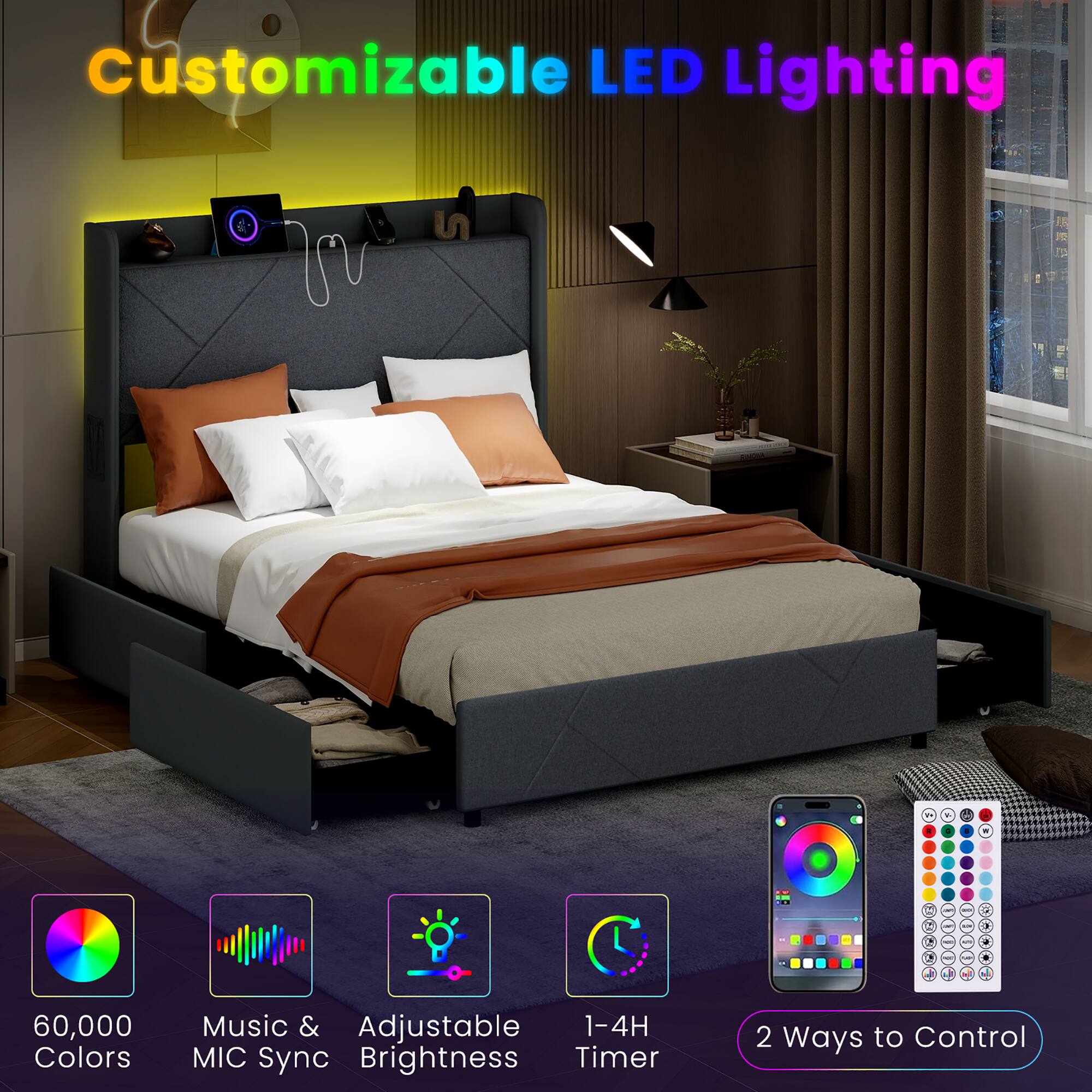 Customizable LED Lighting

- 60,000 Colors
- Music & MIC Sync
- Adjustable Brightness
- 1-4H Timer
- 2 Ways to Control