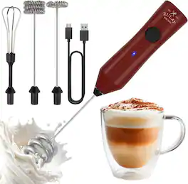 Zulay Kitchen - Rechargeable Milk Frother - Dynamic - 3 Speeds, 3 Whisk Attachments, 500 mAh USB Charging - Red Black