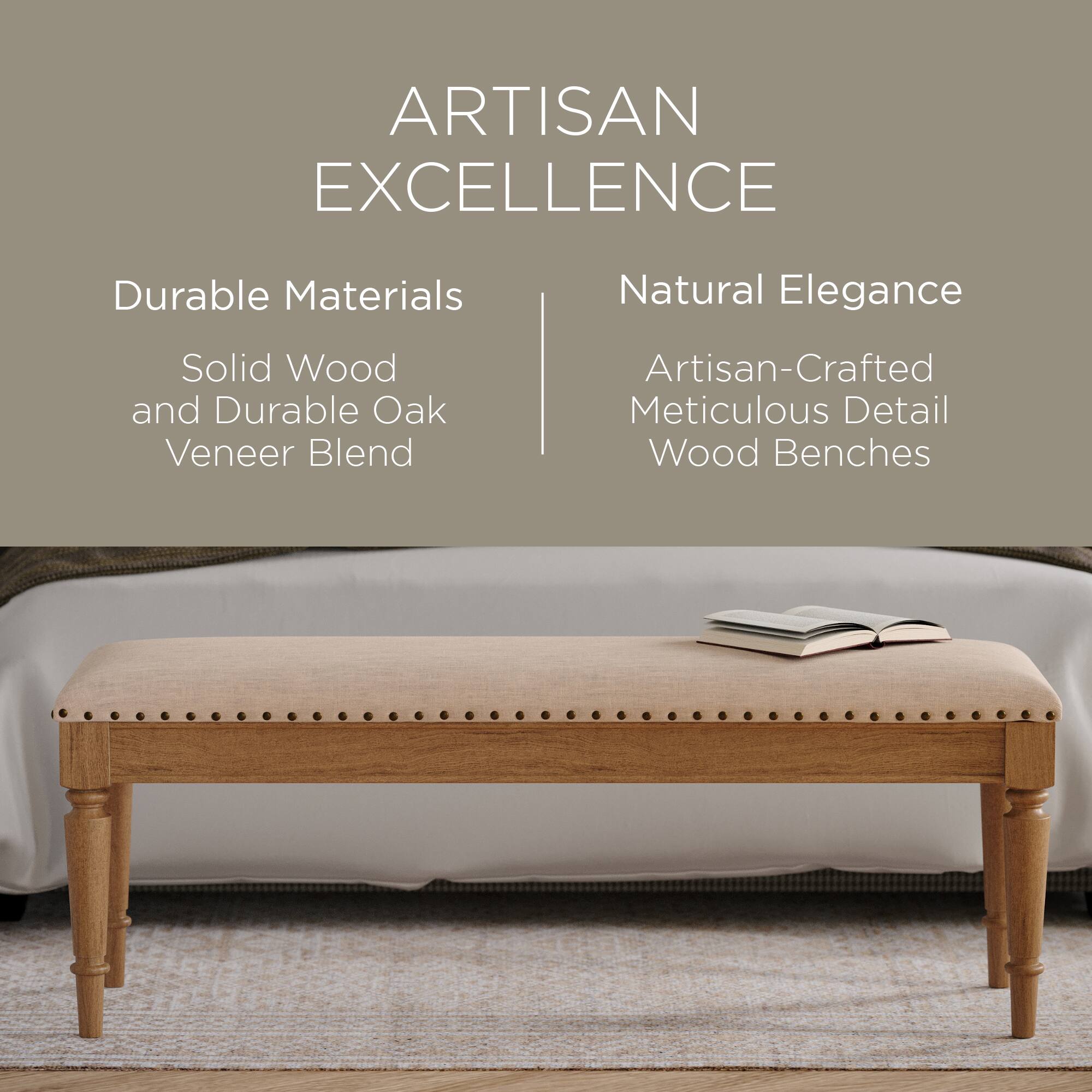 ARTISAN EXCELLENCE

Durable Materials  
Solid Wood and Durable Oak Veneer Blend

Natural Elegance  
Artisan-Crafted Meticulous Detail Wood Benches