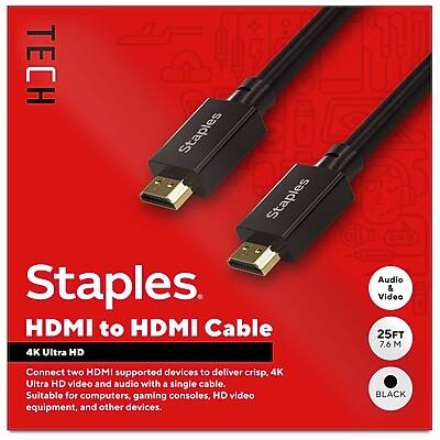 Staples TECH - 25 ft. HDMI to HDMI Audio/Video Cable, Male to Male, (ST62476) - Black