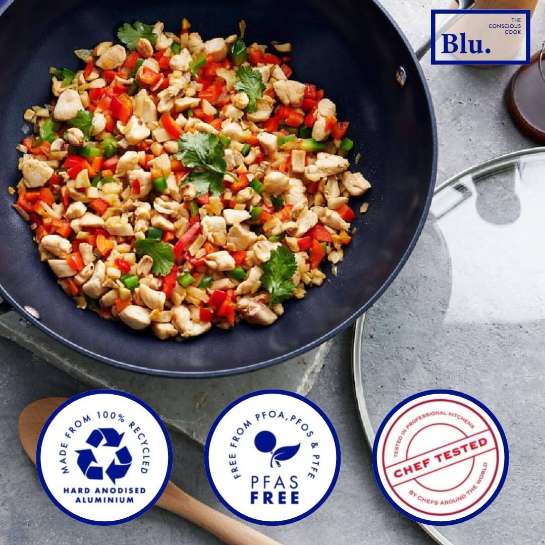 THE CONSCIOUS COOK  
Blu.  

MADE FROM 100% RECYCLED HARD ANODISED ALUMINIUM  
FREE FROM PFOA, PFOS & PTFE  
PFAS FREE  
TESTED IN PROFESSIONAL KITCHENS  
CHEF TESTED BY CHEFS AROUND THE WORLD