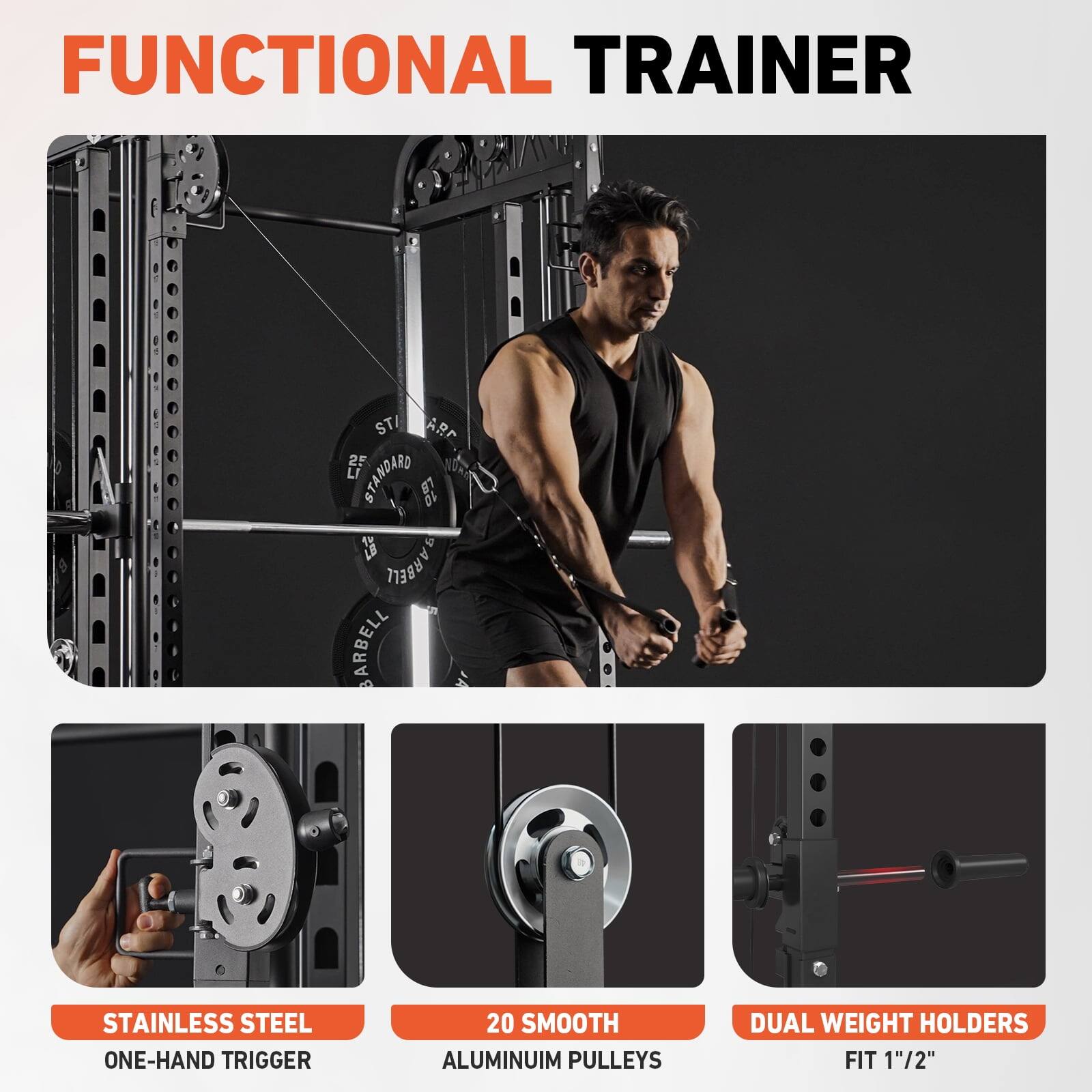 FUNCTIONAL TRAINER STANDARD BARBELL ARBELL STAINLESS STEEL ONE-HAND TRIGGER 20 SMOOTH ALUMINUIM PULLEYS DUAL WEIGHT HOLDERS FIT 1"/2"