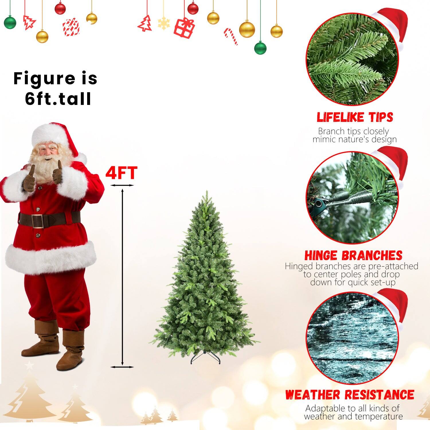 - Figure is 6ft. tall
- 4FT
- LIFELIKE TIPS: Branch tips closely mimic nature's design
- HINGE BRANCHES: Hinged branches are pre-attached to center poles and drop down for quick set-up
- WEATHER RESISTANCE: Adaptable to all kinds of weather and temperature