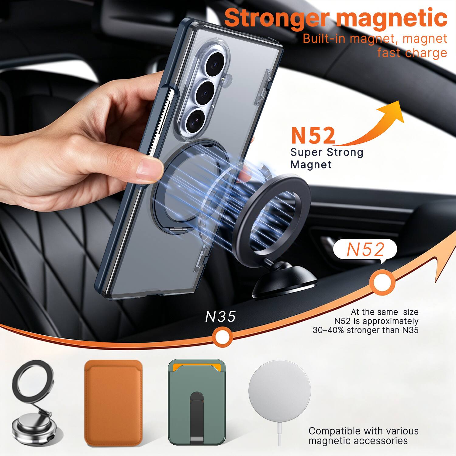 Stronger magnetic  
Built-in magnet, magnet fast charge

N52  
Super Strong Magnet

N52  
At the same size N52 is approximately 30-40% stronger than N35

Compatible with various magnetic accessories