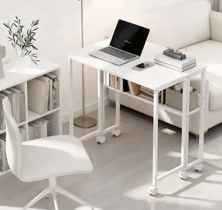 Front. TinyHomie - Folding Computer Desk with Storage Bag Shelf and Wheels for Small Spaces Home Office - White.