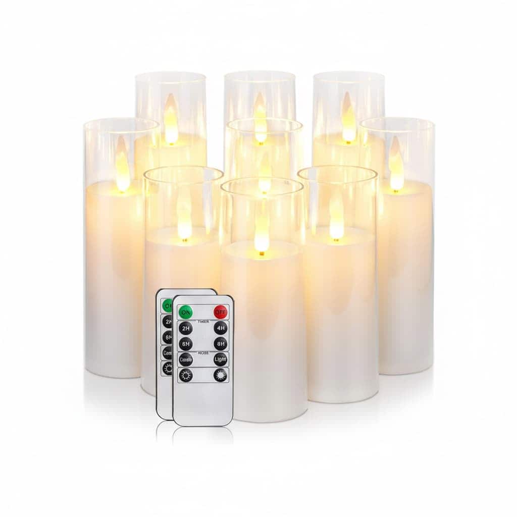 FINEAK - Pure Acrylic Flameless LED Candles - 9 Pack, Battery-Operated with Remote & Timer, Electric Fake - White