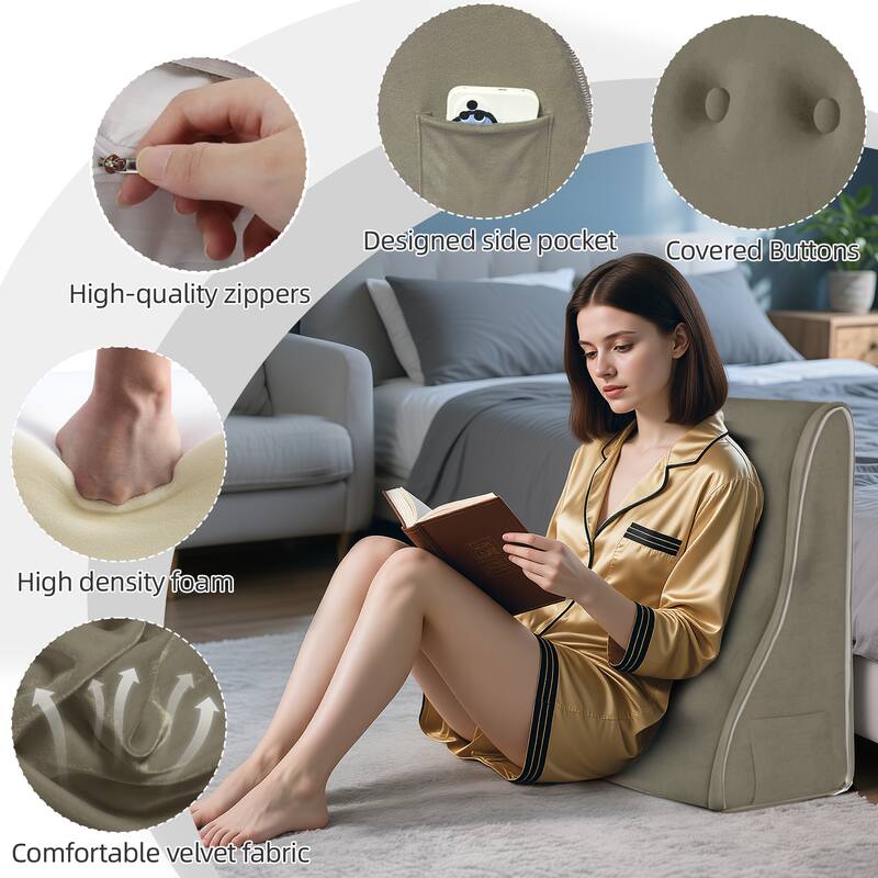 Designed side pocket, Covered buttons, High-quality zippers, High-density foam, Comfortable velvet fabric.