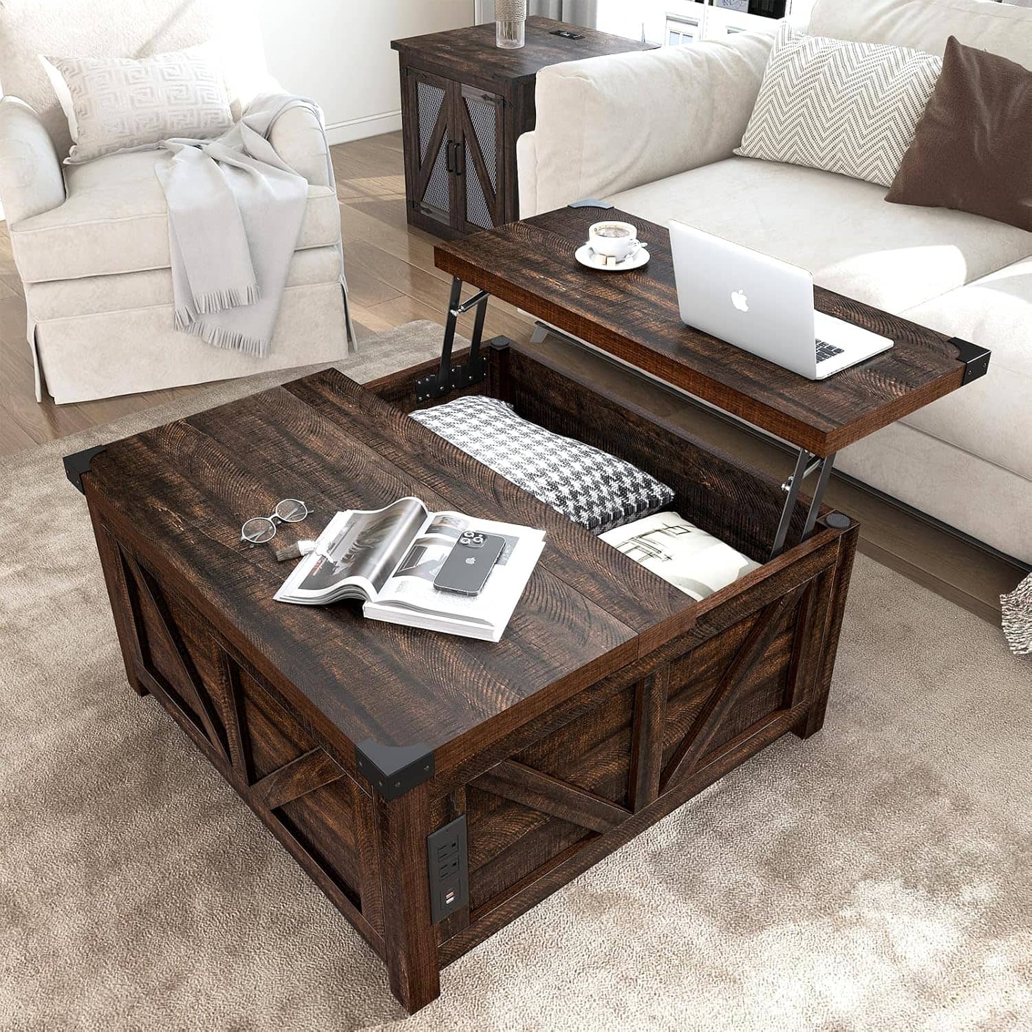 Lent Glitter Wood - 35.6" Square Lift Top Coffee Table, Farmhouse Coffee Table with Storage & Charging Ports, Wood Center Table w/Large Hid - Brown
