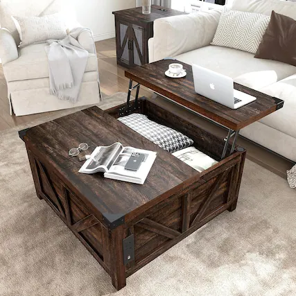 Front. Lent Glitter Wood - 35.6" Square Lift Top Coffee Table, Farmhouse Coffee Table with Storage & Charging Ports, Wood Center Table w/Large Hid - Brown.