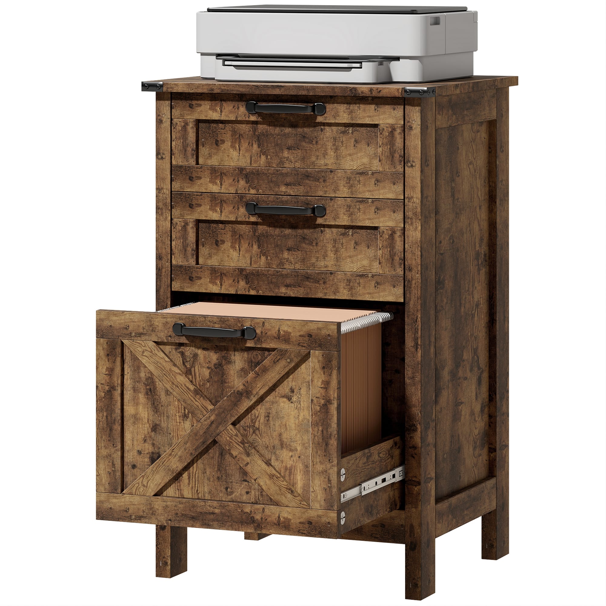 Front. Homcom - File Cabinet with 3 Drawers, Rustic Farmhouse Office Storage Cabinet for A4, Letter Size.