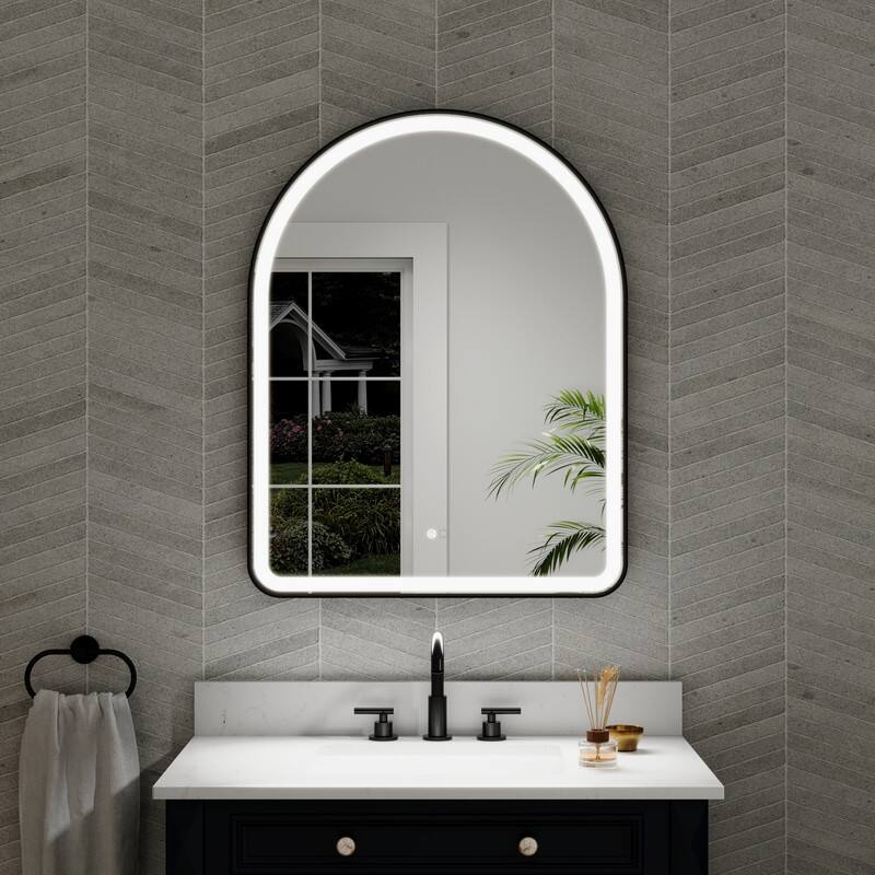 Left. WELLFOR - 28" x 36" Arched Framed Bathroom Mirror with LED Light ,Defogger & Memory Function, Wall Mounted Vanity Mirror - Matte Black.