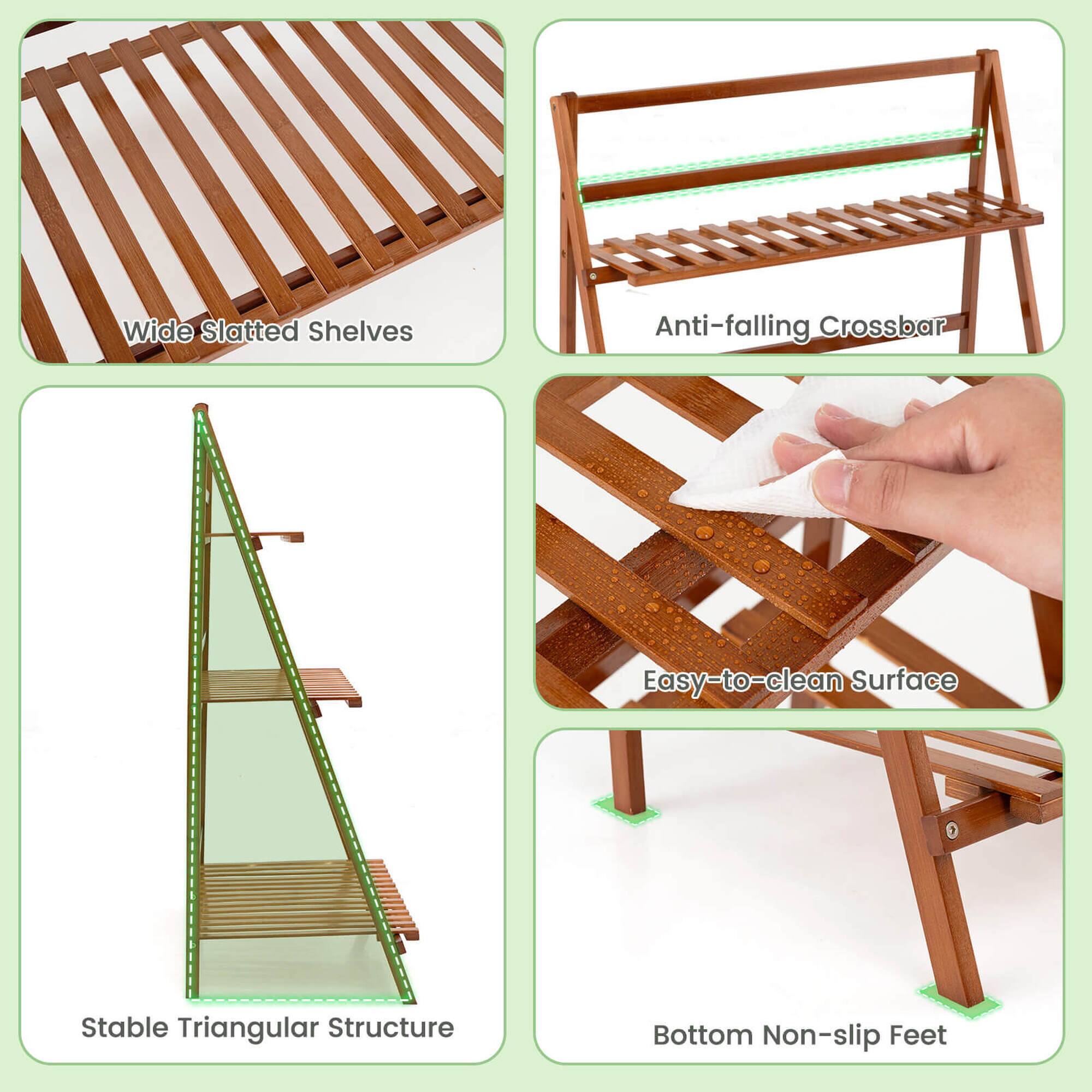 The text on the image can be grouped and corrected as follows:

1. Wide Slatted Shelves: This feature provides ample storage space and a visually appealing design.
2. Anti-falling Crossbar: This feature adds safety to the bed by preventing accidental falls.
3. Easy-to-clean Surface: The bed is designed with a surface that is easy to clean and maintain.
4. Stable Triangular Structure: The bed's structure is designed to be stable and durable.
5. Bottom Non-slip Feet: The bed is equipped with non-slip feet to prevent it from moving on the floor.