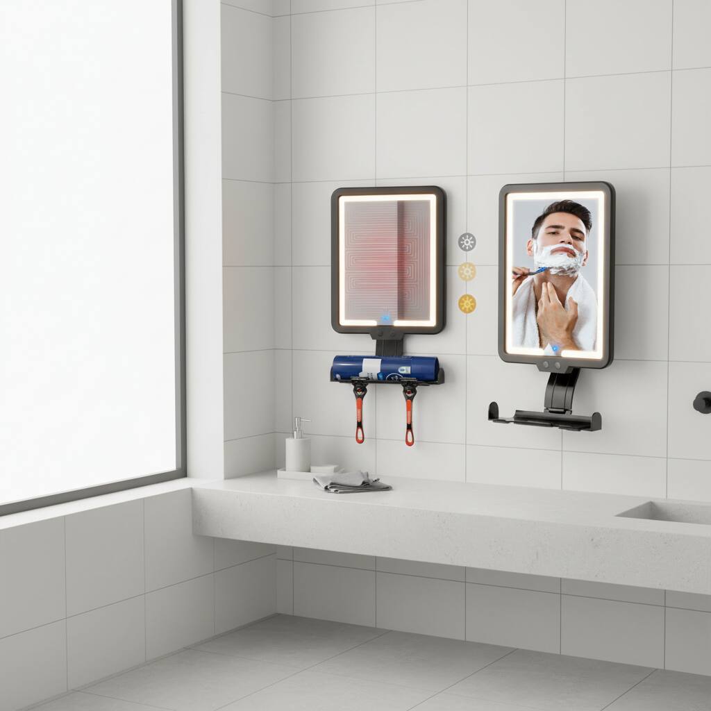 Alt View 1. Dazzed Corner - Heated Fogless Shower Mirror 9.5"x8", LED 3-Color Dimmable, Rechargeable - Black.