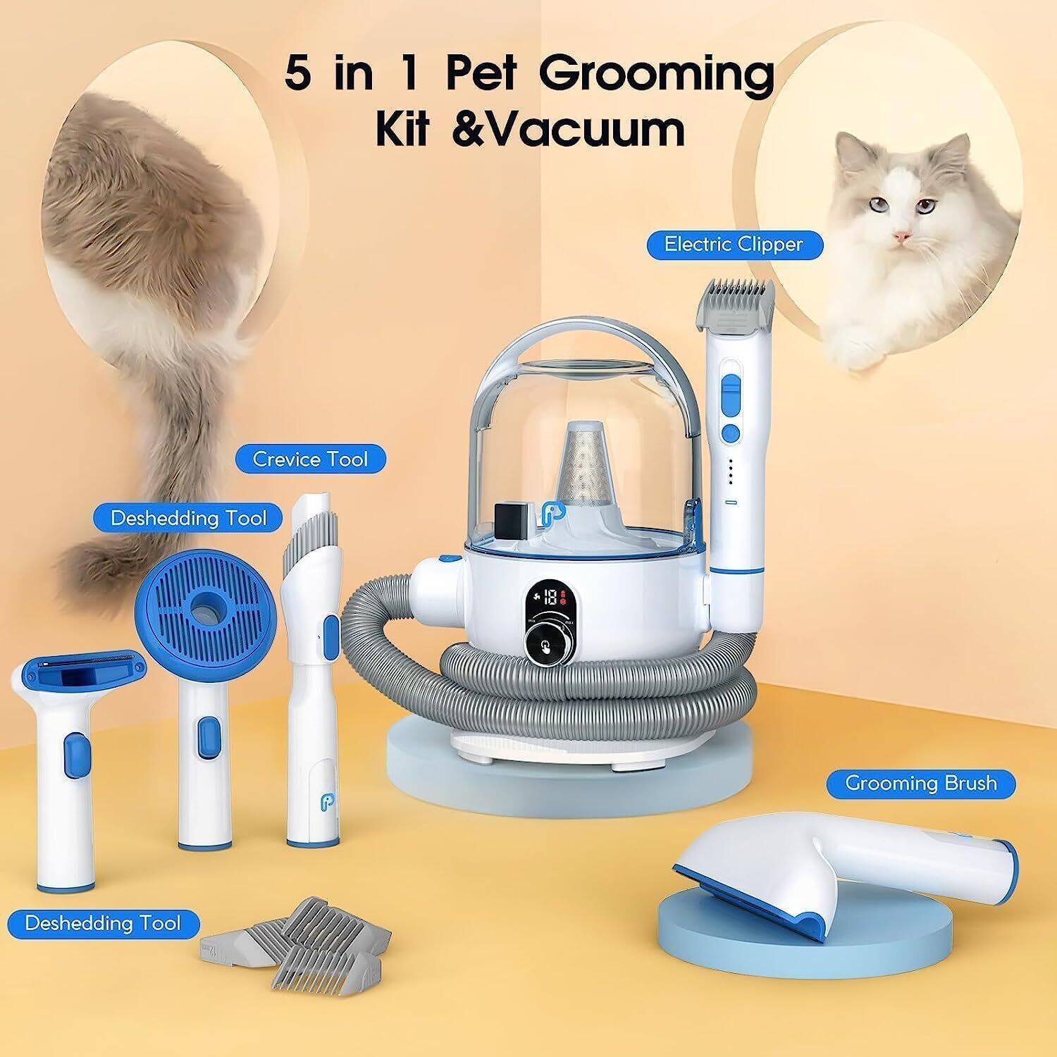 5 in 1 Pet Grooming Kit & Vacuum

- Electric Clipper
- Crevice Tool
- Deshedding Tool
- Grooming Brush
- Deshedding Tool