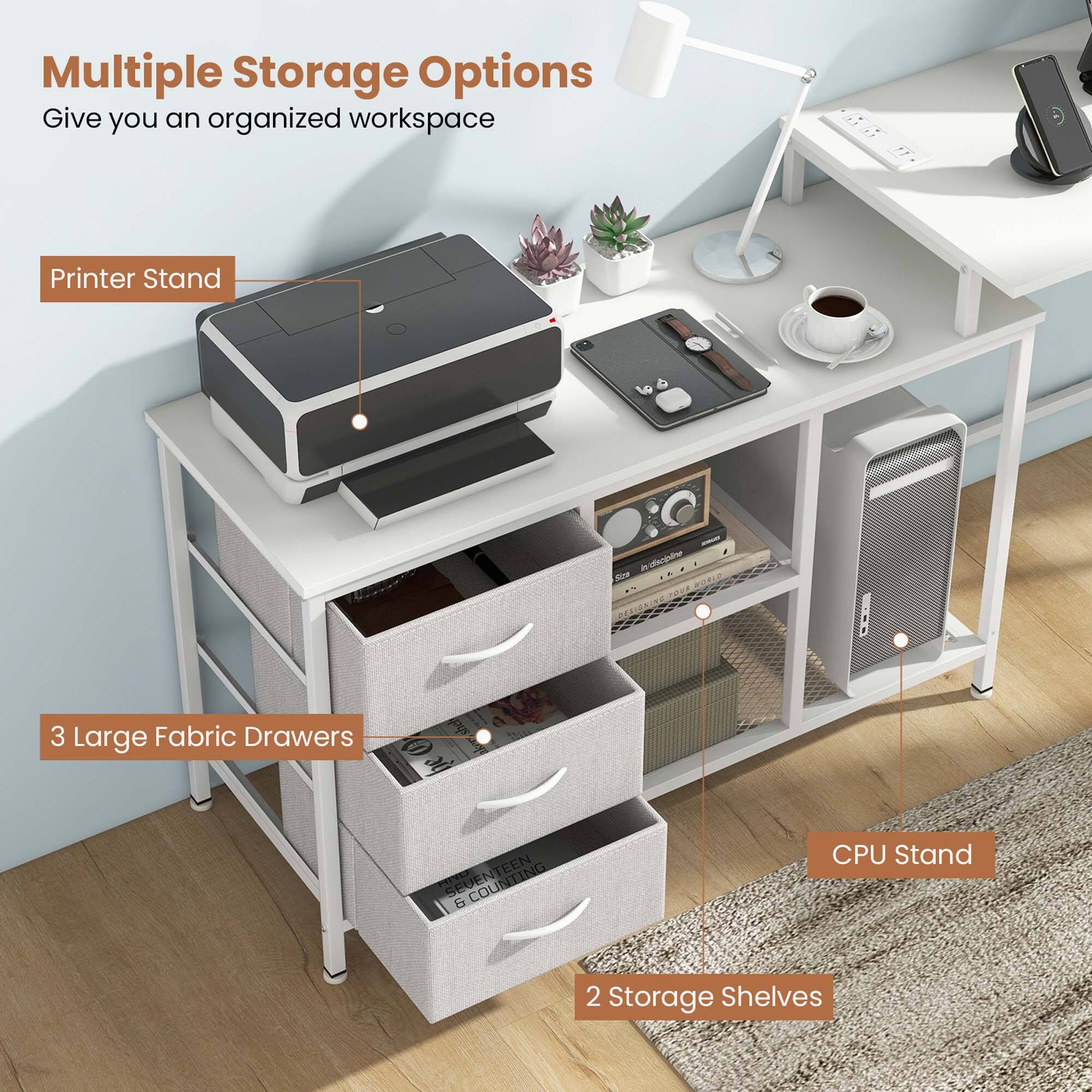 Multiple Storage Options, Give you an organized workspace, Printer Stand, 3 Large Fabric Drawers, CPU Stand, 2 Storage Shelves