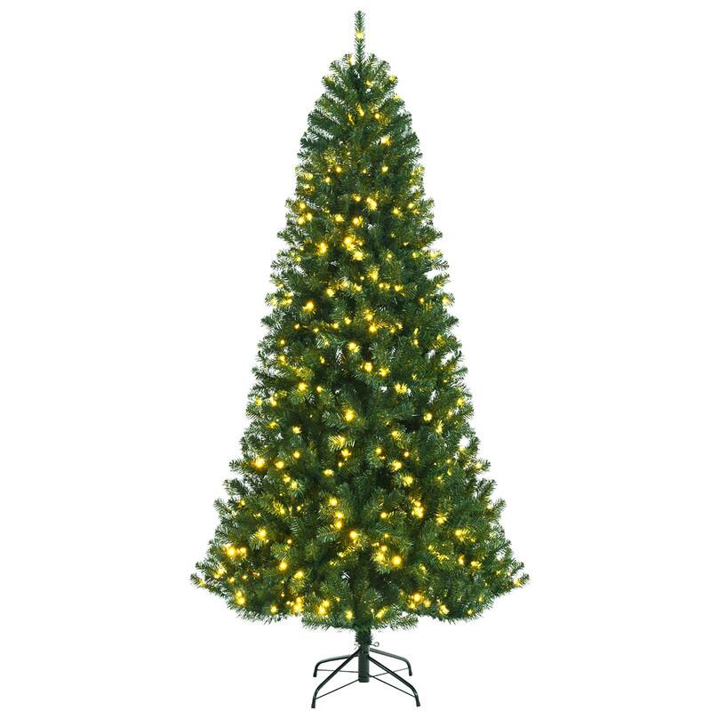 Left. WELLFOR - 8ft Pre‑lit Hinged Artificial Christmas Tree with 1605 Branch Tips &600 LED Lights, Holiday Indoor Decoration - Green.