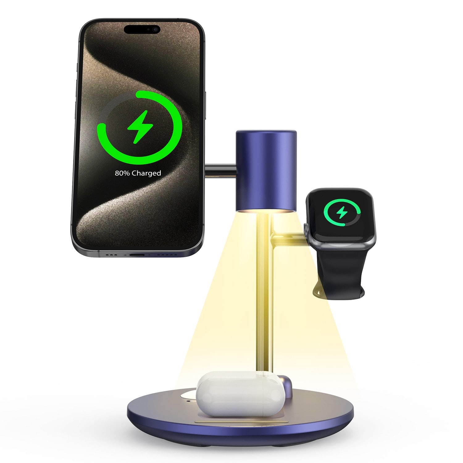 Topteng - 4-in-1 Qi2 15W Cooling Wireless Charger with Smart Night Light - Foldable, Quiet Fan for iPhone, Galaxy, Pixel, Watch - Navy Blue