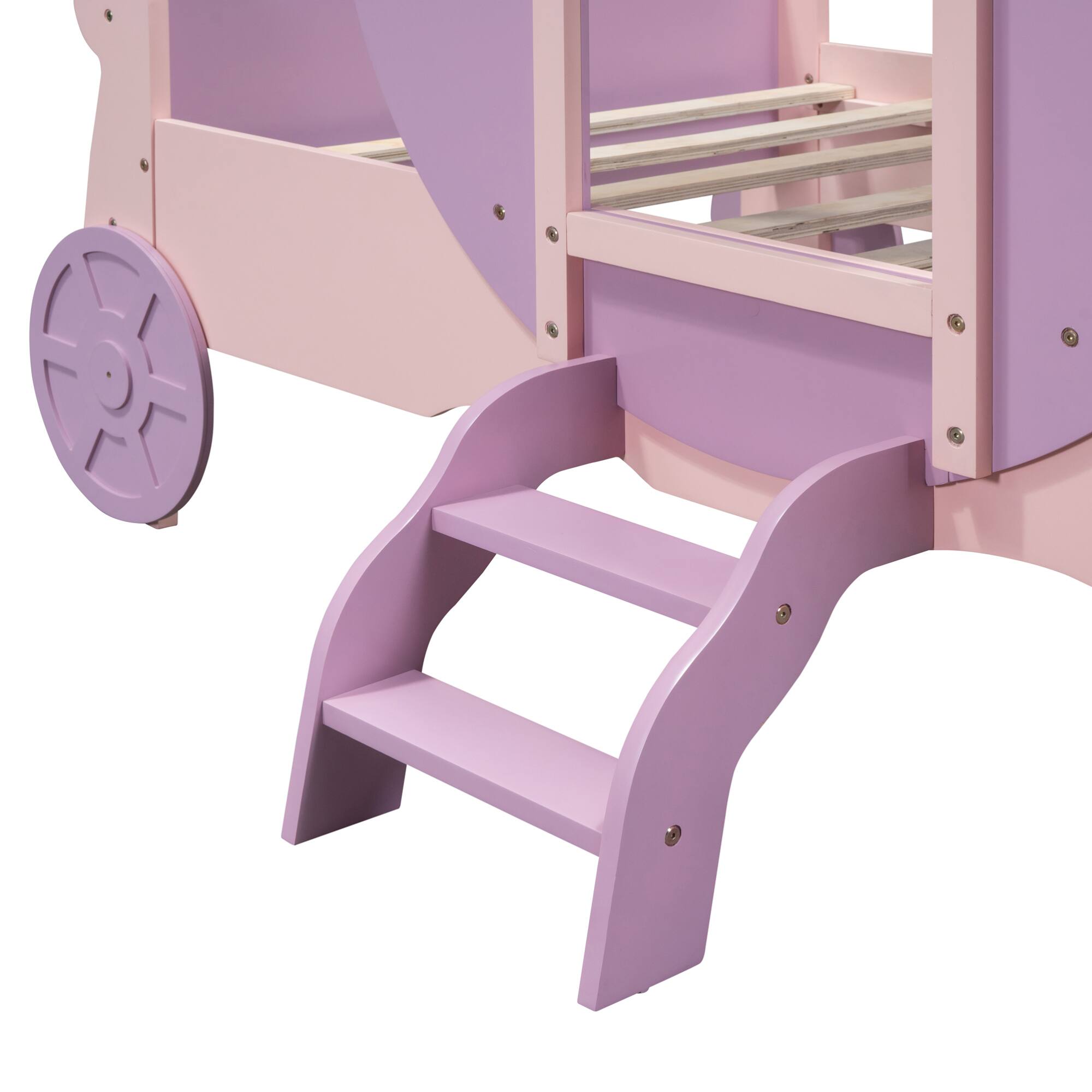Alt View 6. GOODSILO - Twin Size Princess Carriage Bed with Crown and Wood Platform Design Including Staircase - Pink.