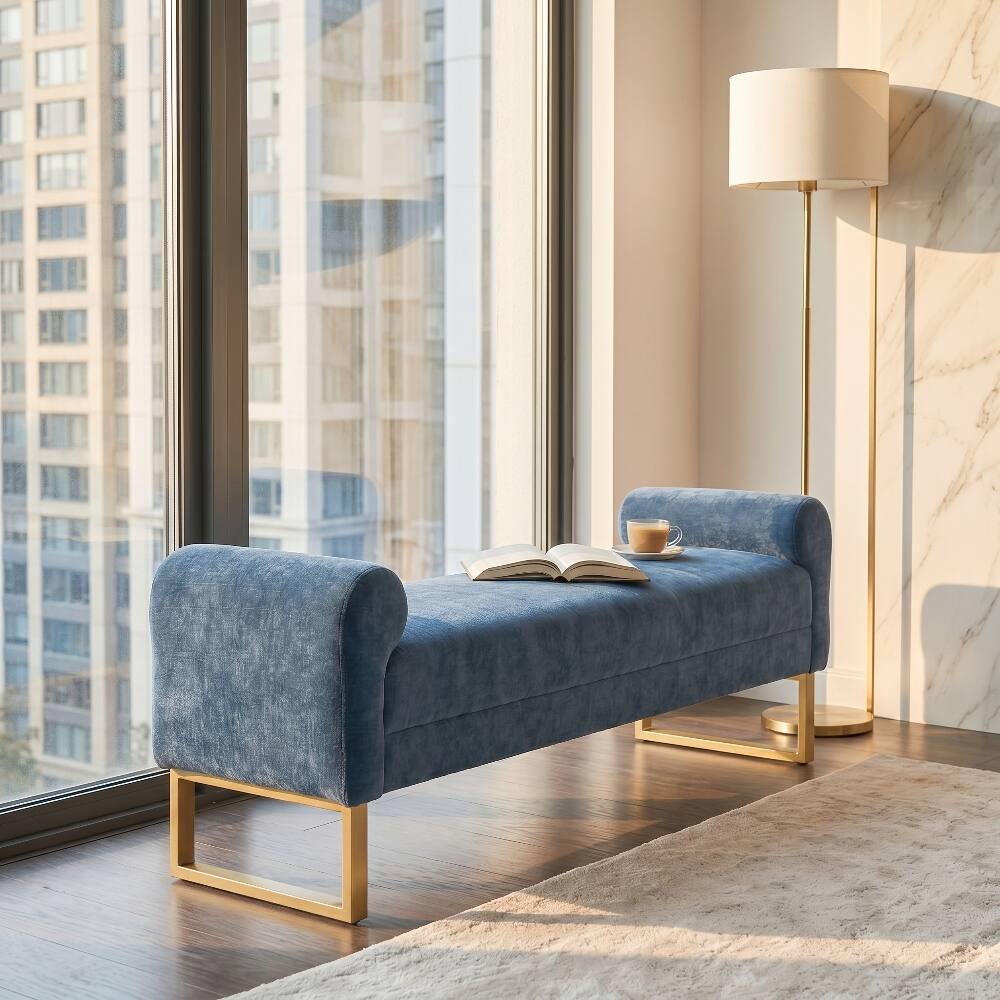 Angle. Ropilly - Ropilly Blue Chenille End of Bed Bench Upholstered Bedroom Ottoman Bench with Gold Legs and Arms for Entryway - Blue.