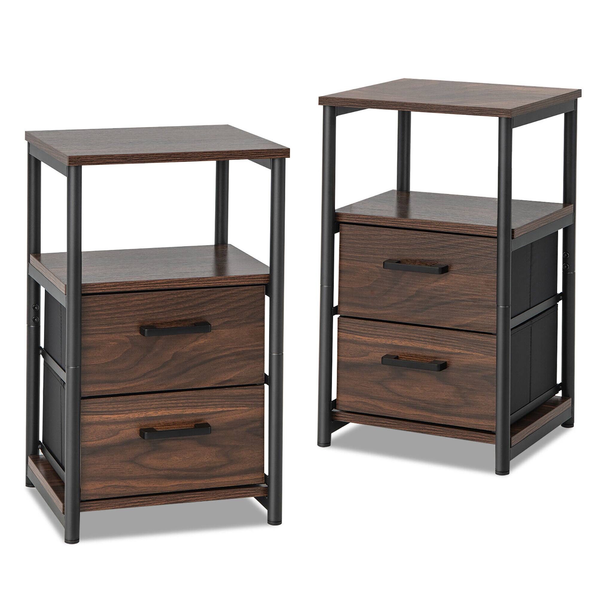 Alt View 8. Gymax - Gymax 2PCS Nightstand Bedside End Table with 2 Fabric Drawers & Storage Shelf - Walnut & Black.