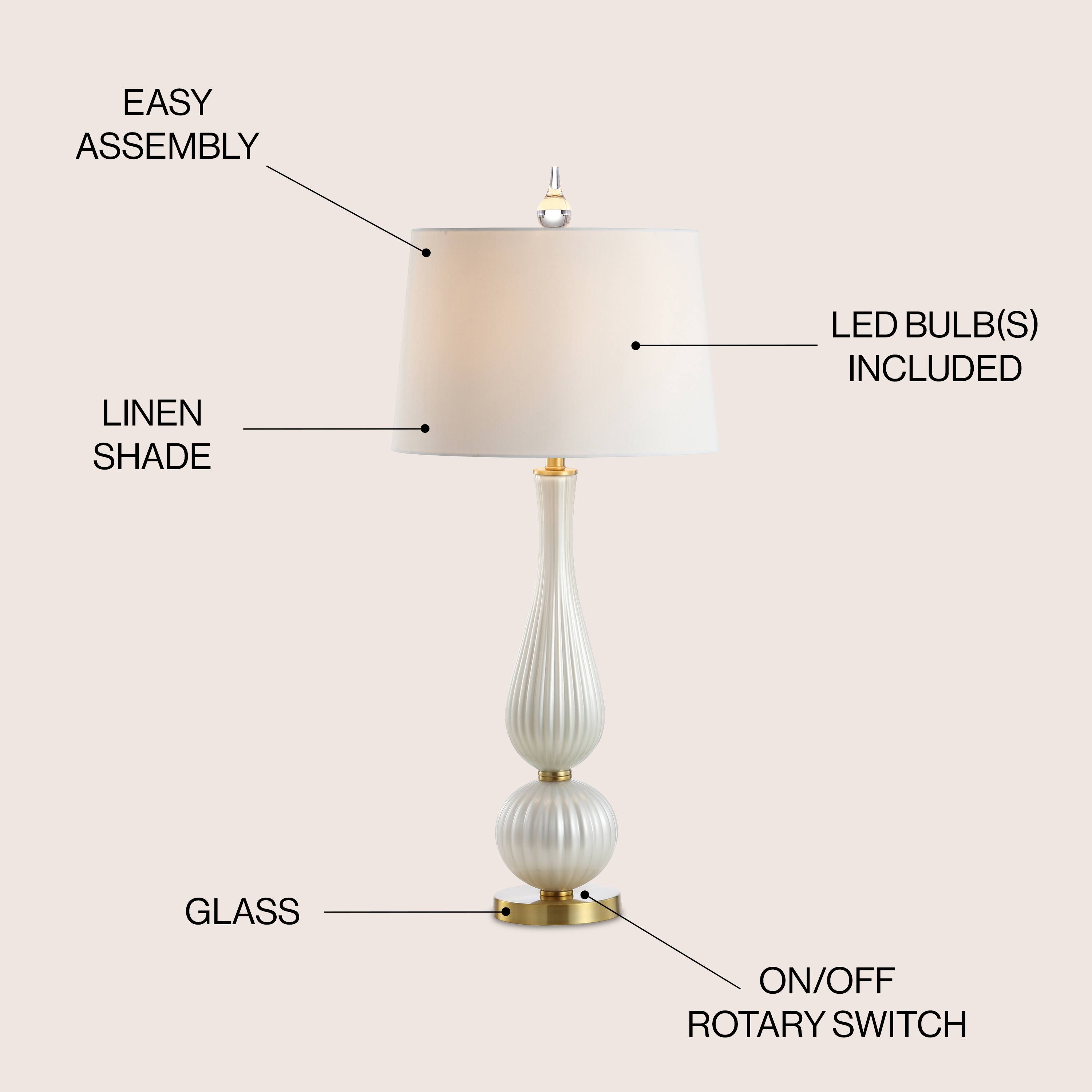 EASY ASSEMBLY  
LINEN SHADE  
LED BULB(S) INCLUDED  
GLASS  
ON/OFF ROTARY SWITCH