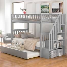 Loheer - Twin Over Twin Bunk Bed with Trundle and Storage Shelves Solid Wood - Gray