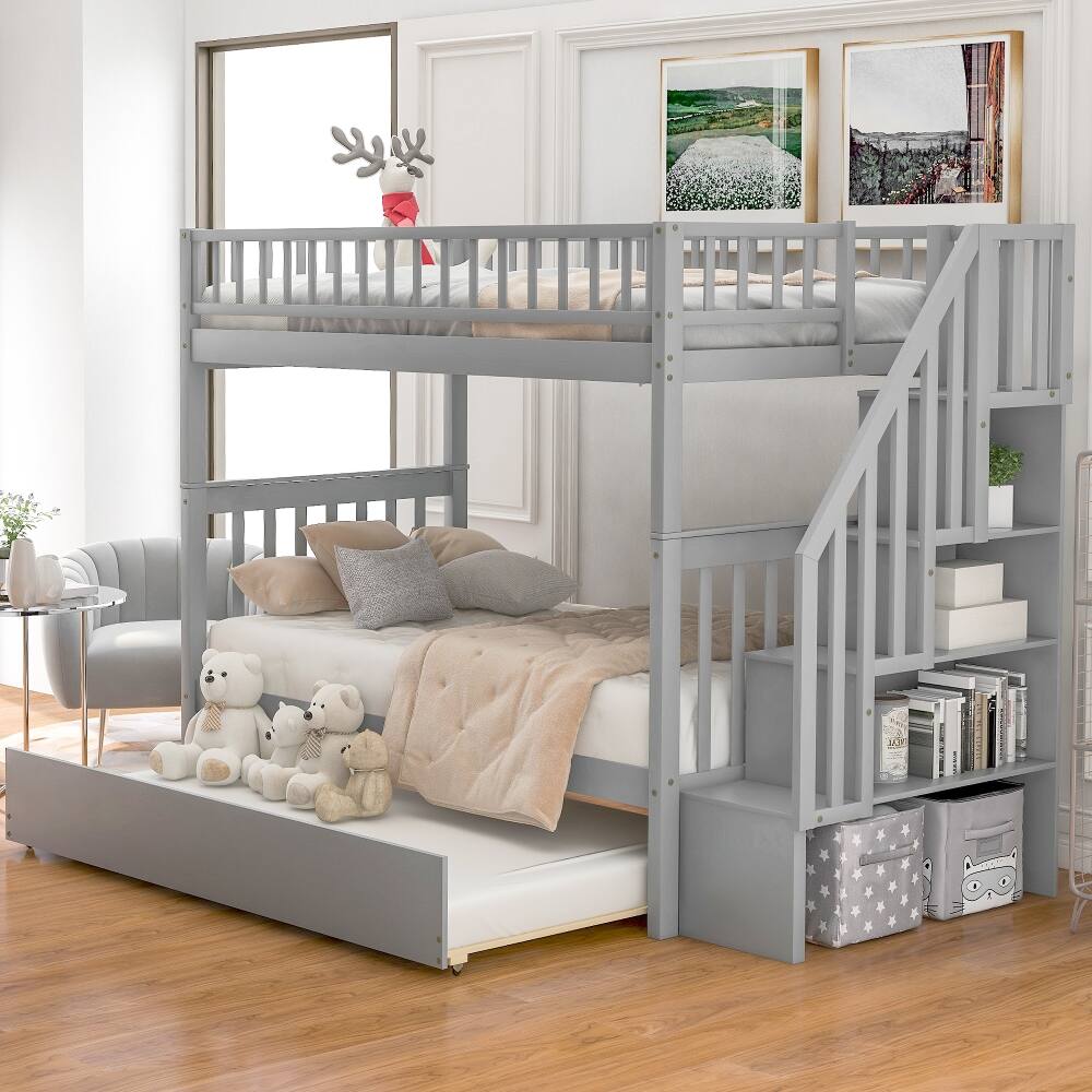 Front. Loheer - Loheer Twin Over Twin Bunk Bed with Trundle and Storage Shelves Gray Solid Wood - Gray.