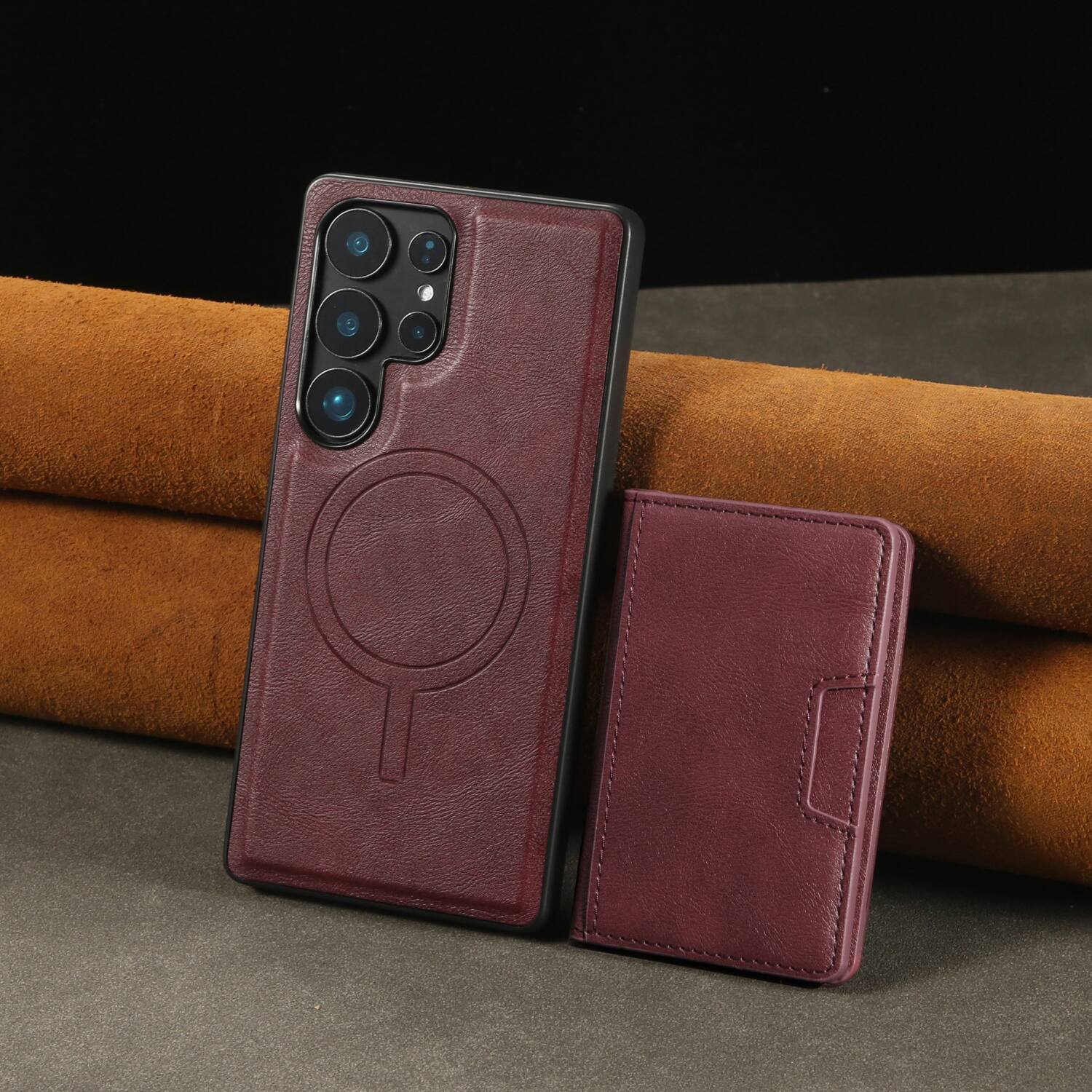 Back. Dteck - Detachable Magnetic PU Leather Cover For Samsung Galaxy S26 Ultra, Shockproof Card Holder Wallet Protection Case - Winered.
