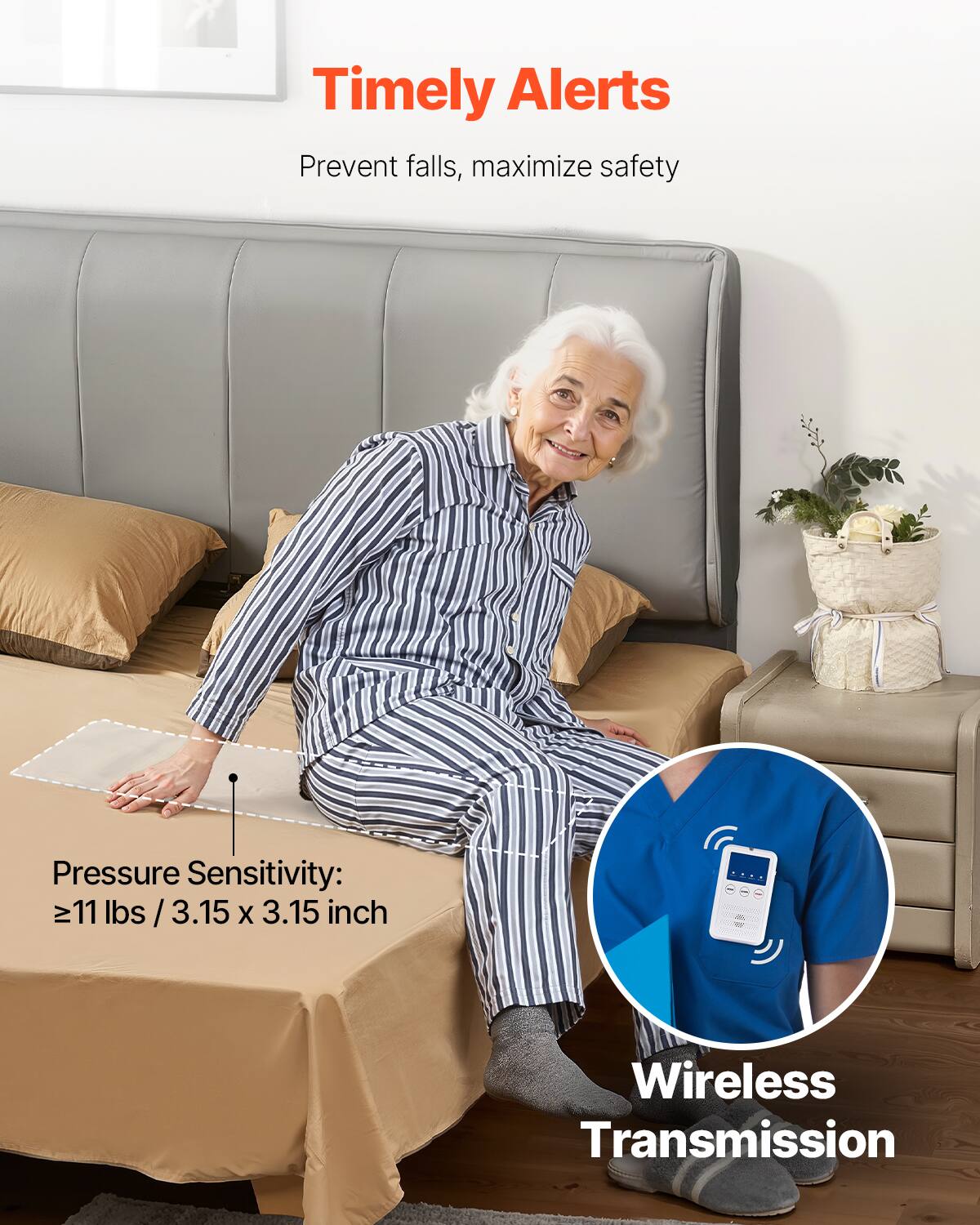 Timely Alerts  
Prevent falls, maximize safety  

Pressure Sensitivity:  
≥11 lbs / 3.15 x 3.15 inch  

Wireless Transmission