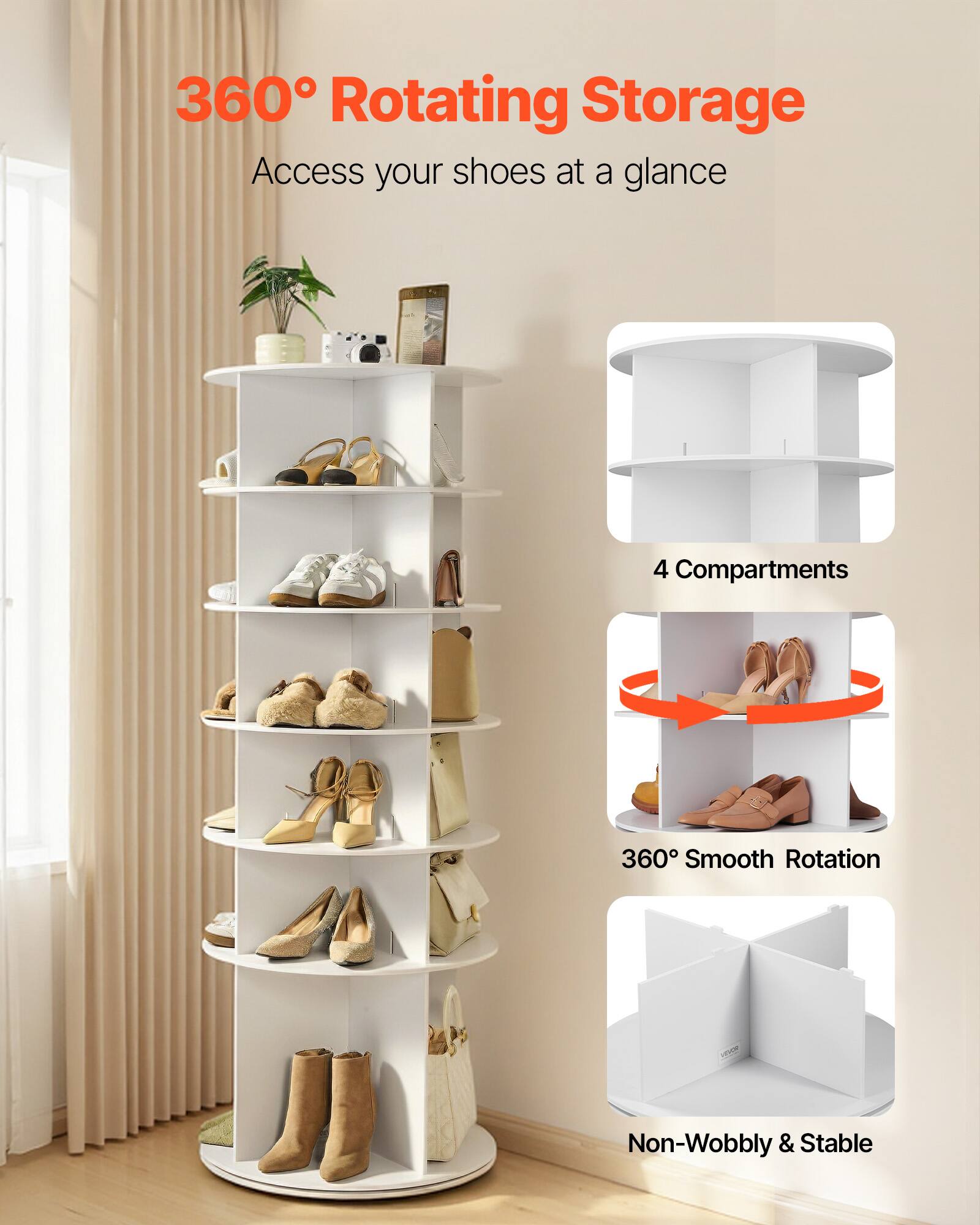 360° Rotating Storage  
Access your shoes at a glance  

4 Compartments  
360° Smooth Rotation  
Non-Wobbly & Stable