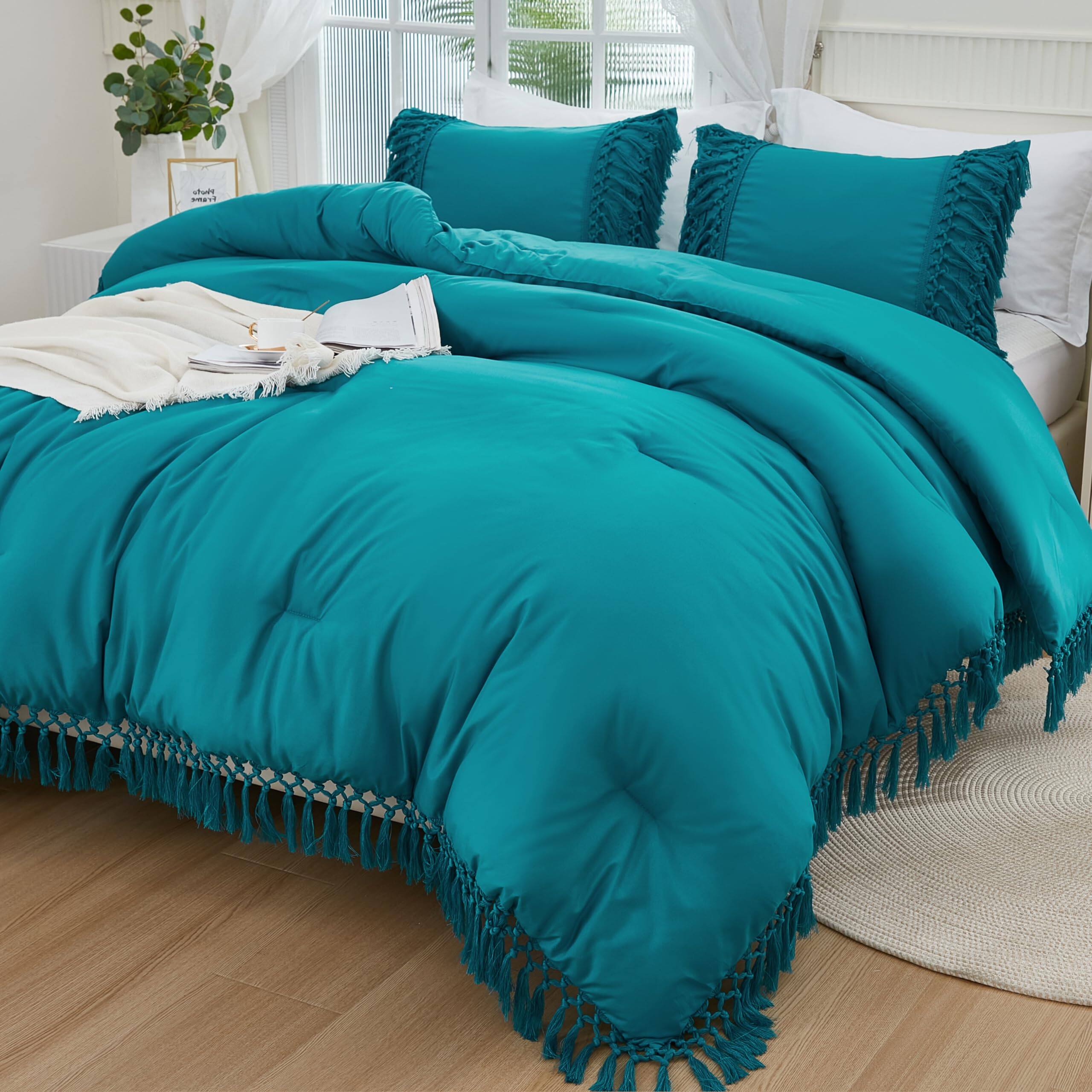 Cedar Assembly - Comforter Set 3 Pieces Boho Tassel Lightweight Soft Bedding Sets For Bed All Season Fluffy 104x90in 2 - Turquoise-California King(104"x96")
