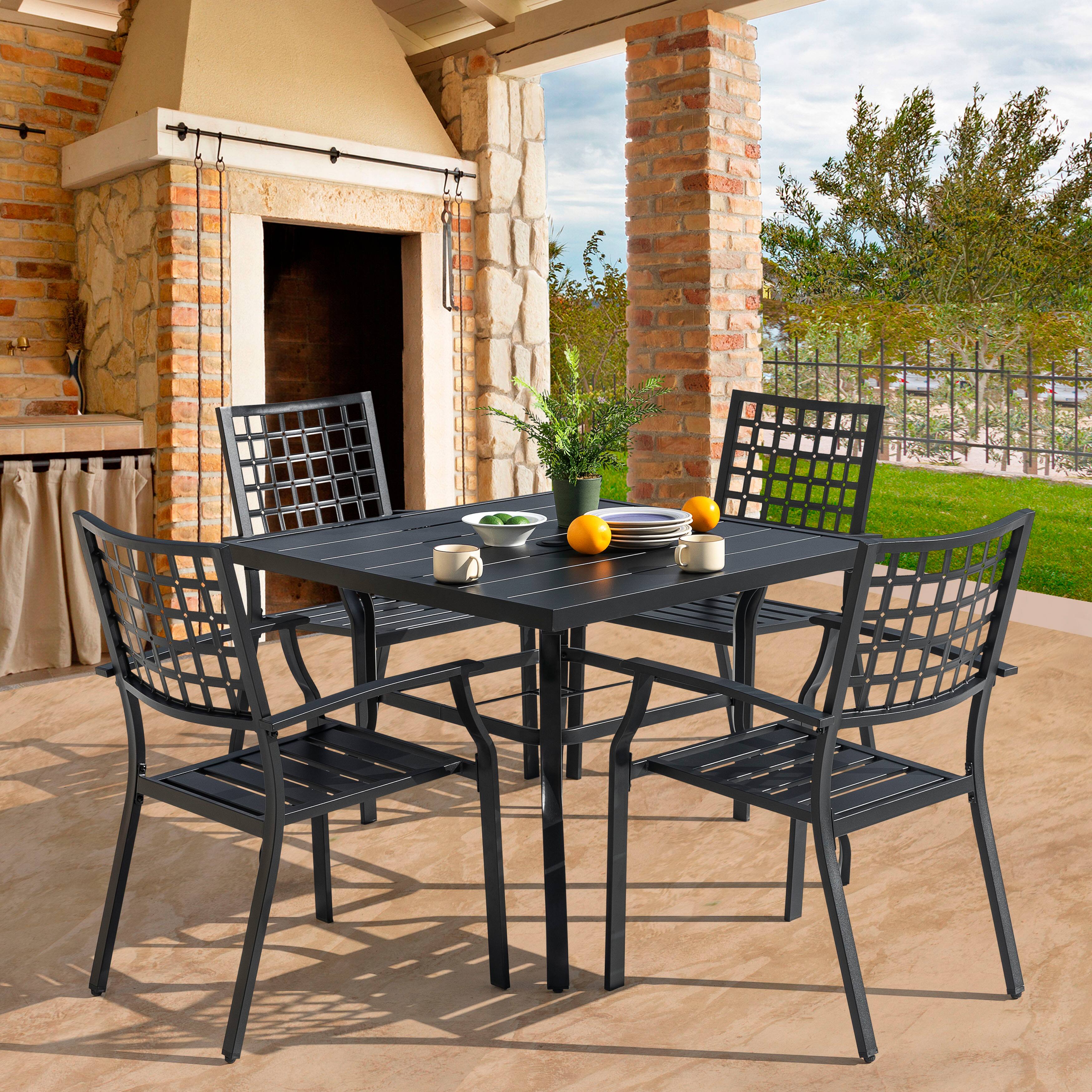 Left. Nuu Garden - Outdoor 5-Piece Iron Dining Set, 4 Chairs and 37 Inch Square Dining Table with 1.57'' Umbrella Hole - Black.