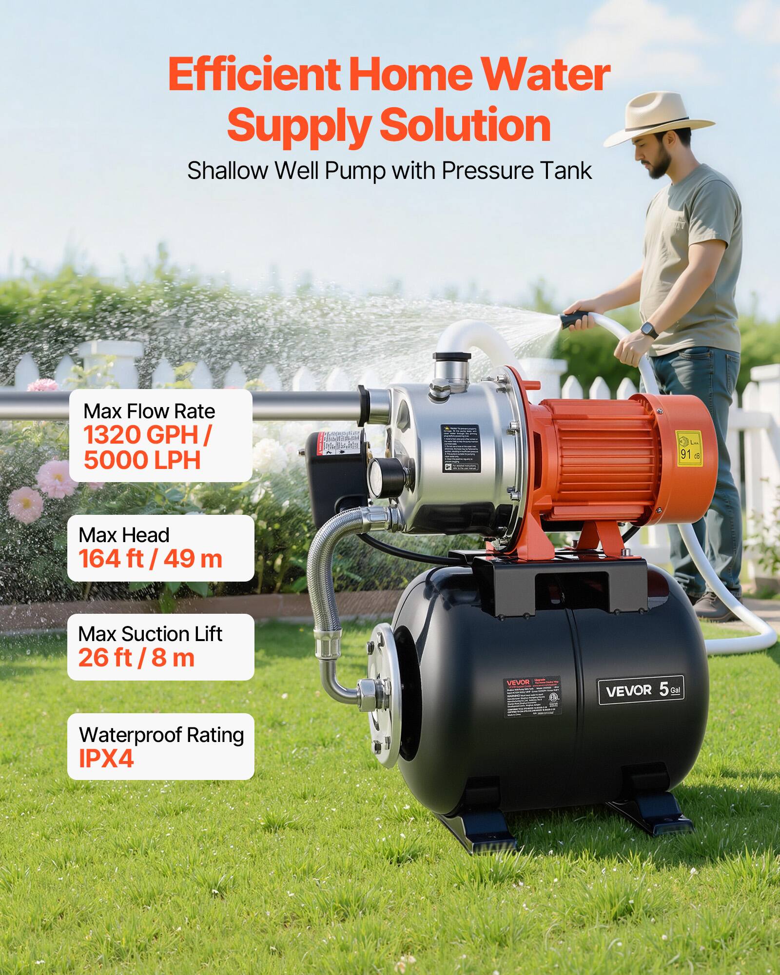 Efficient Home Water Supply Solution  
Shallow Well Pump with Pressure Tank

Max Flow Rate 1320 GPH / 5000 LPH  
Max Head 164 ft / 49 m  
Max Suction Lift 26 ft / 8 m  
Waterproof Rating IPX4  
VEVOR 5 Gal