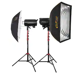 Flashpoint - Studio Pro 1000 III-V 1000W R2 Flash 2-Light Kit with LED Lamp, Bundle with Stands, Softbox and Umbrella