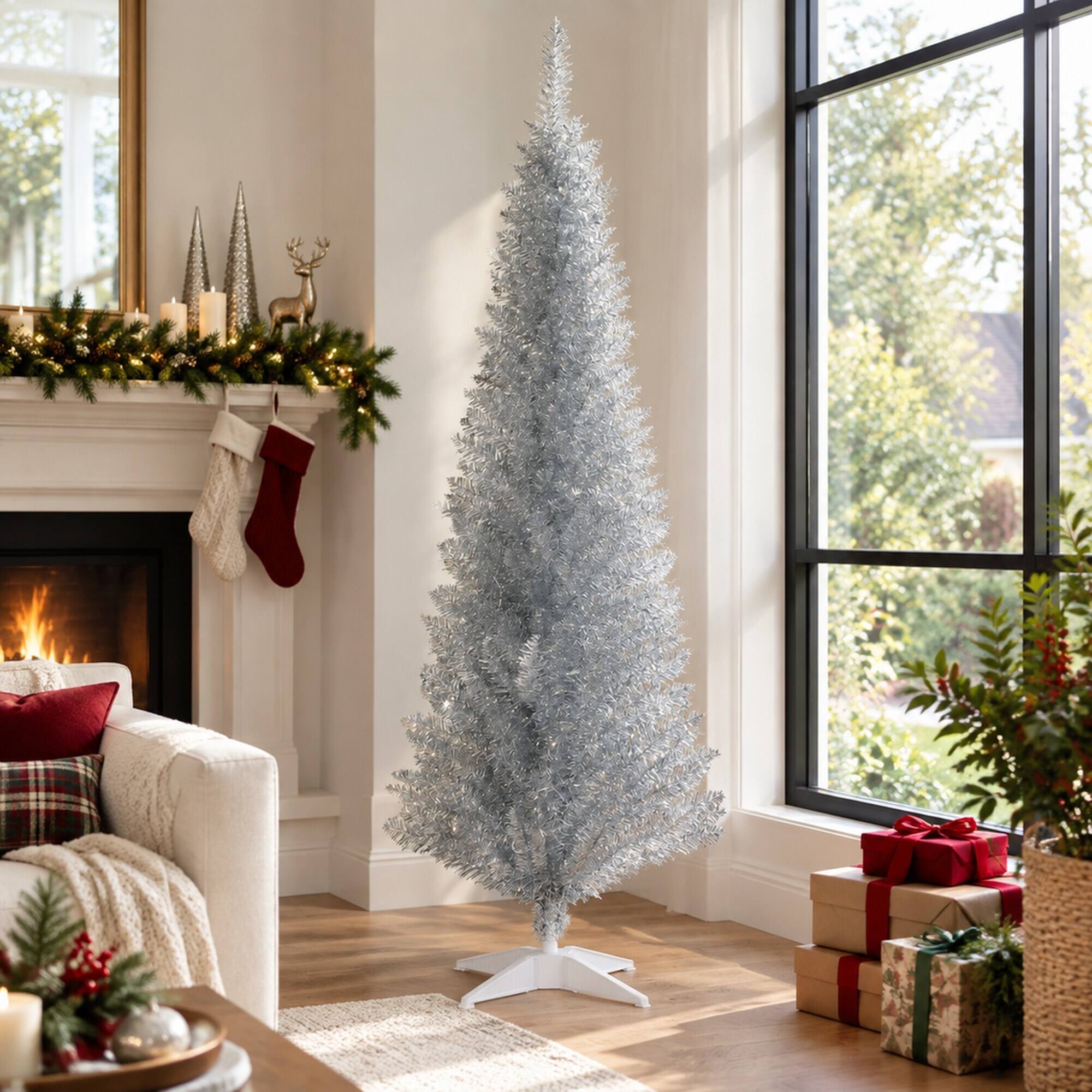 Back. RYHNUYNE - 5 Ft Slim Pencil Silver Artificial Christmas Tree With 294 Realistic Tips, Plastic Base Easy Setup Holiday Decor - Silver.