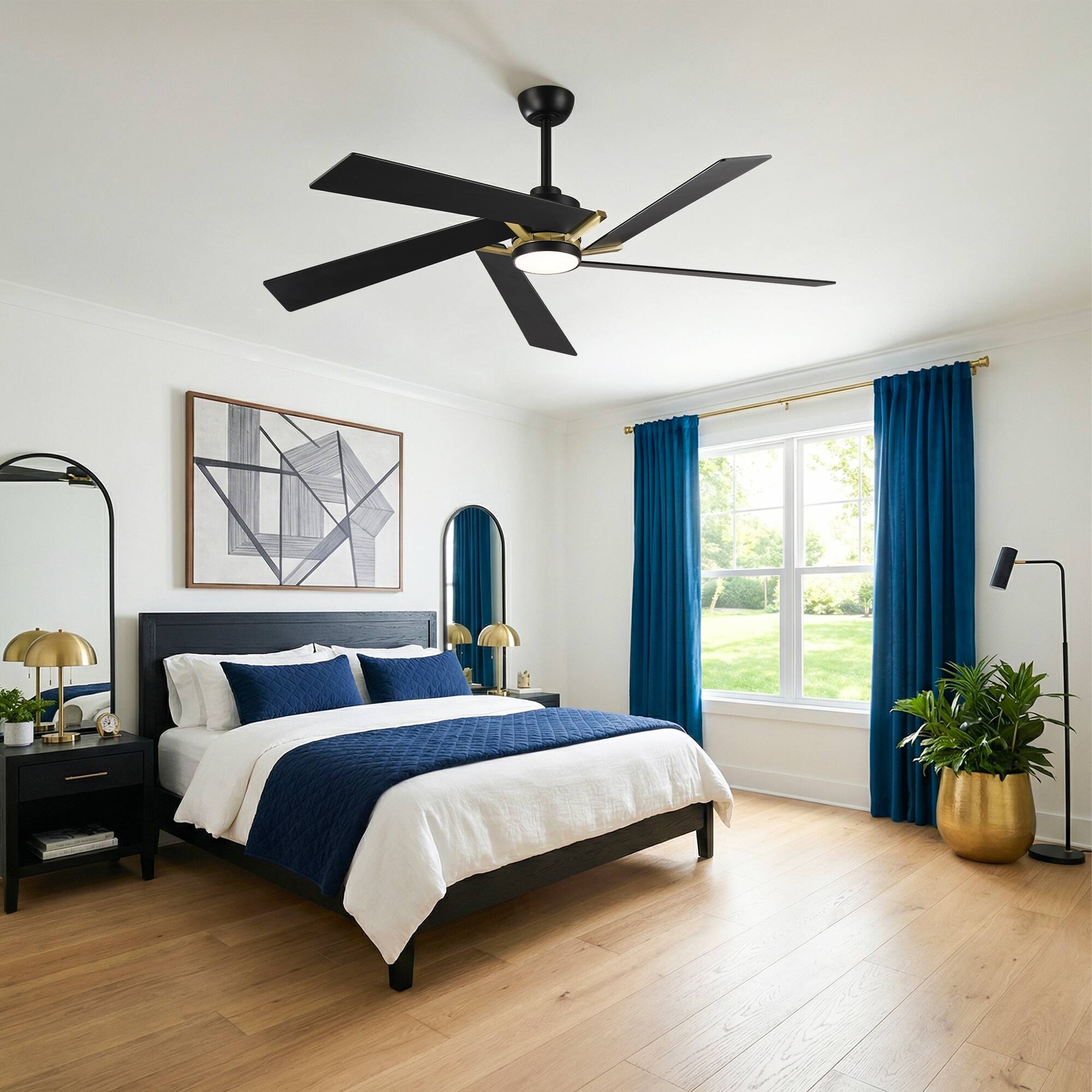 Left. Parrot Uncle - 60" Modern Gold LED Ceiling Fan with Remote Control and Reversible Blades - Gold.