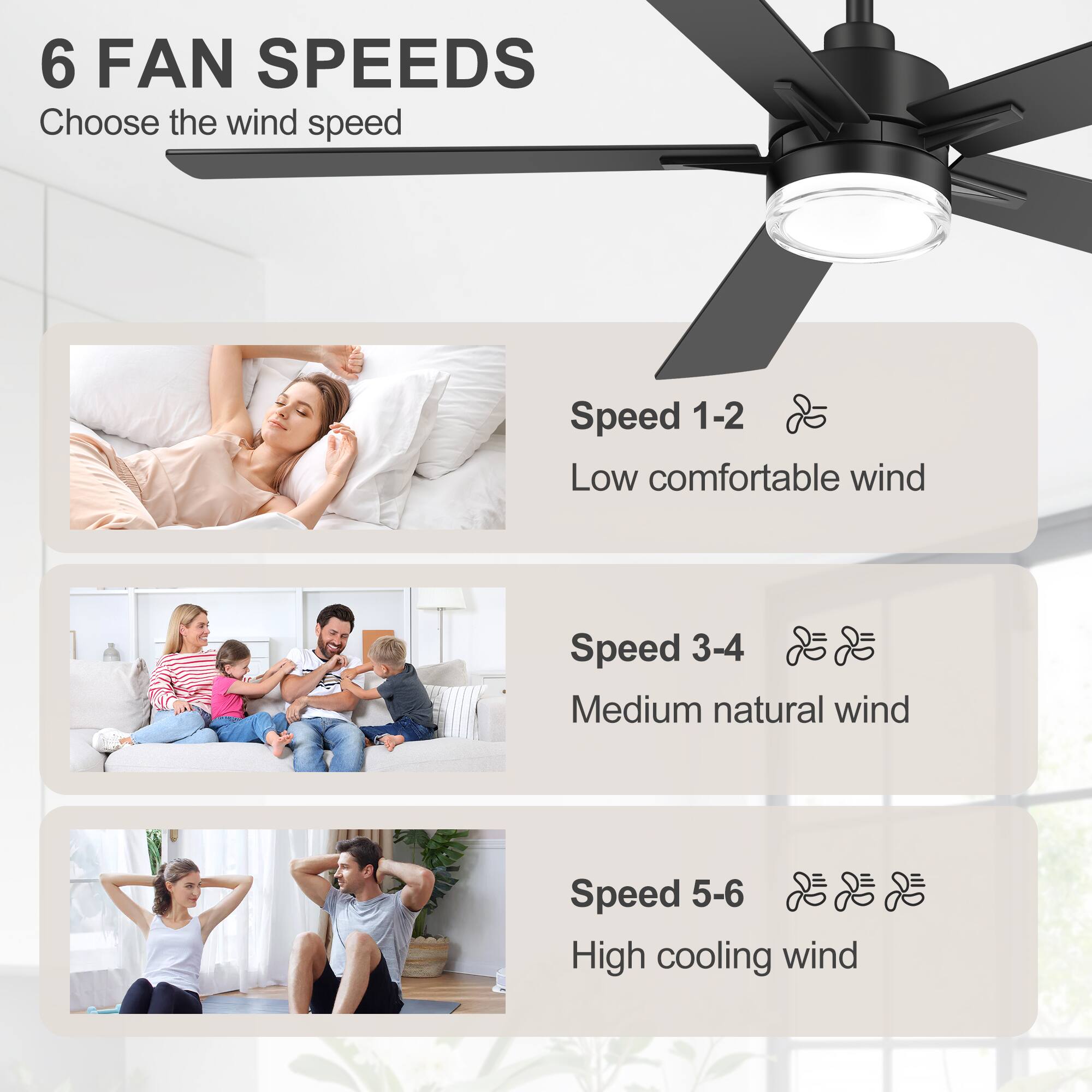 6 FAN SPEEDS  
Choose the wind speed

Speed 1-2  
Low comfortable wind

Speed 3-4  
Medium natural wind

Speed 5-6  
High cooling wind