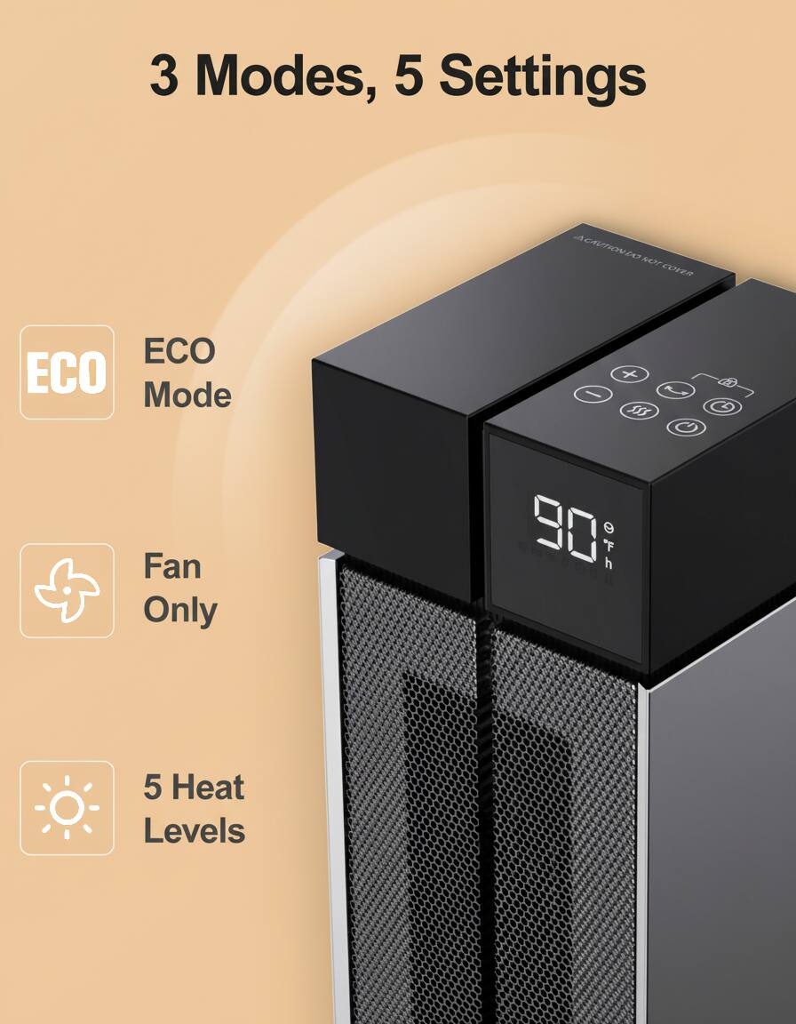 3 Modes, 5 Settings

- ECO Mode
- Fan Only
- 5 Heat Levels