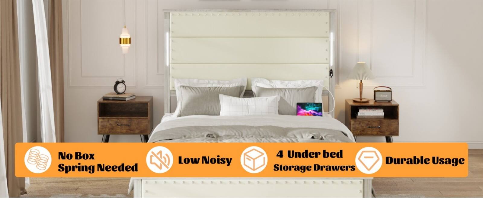 - No Box Spring Needed
- Low Noisy
- 4 Under bed Storage Drawers
- Durable Usage