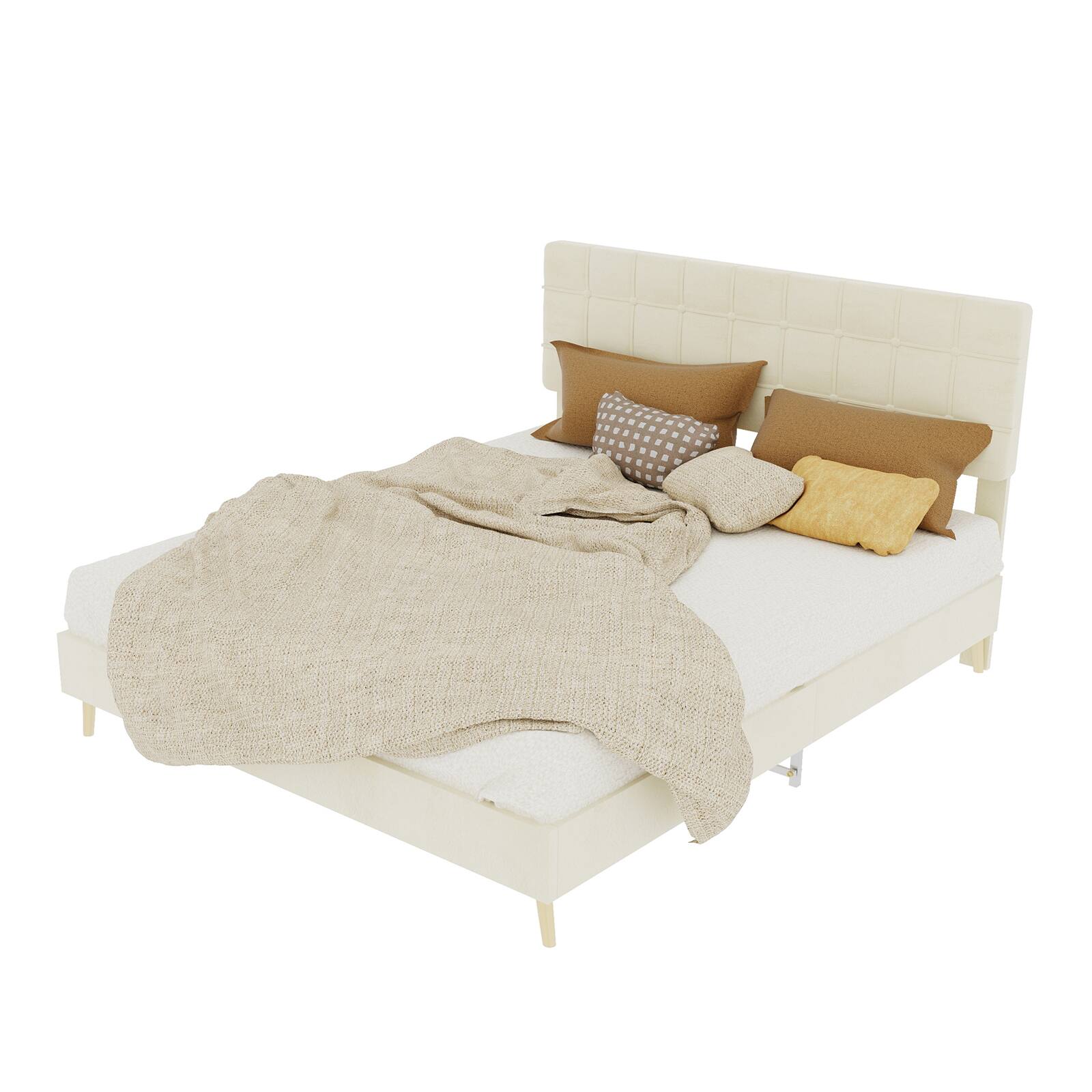Alt View 3. Loheer - Loheer Beige Upholstered Queen Bed Frame with Soft Padded Headboard Modern Minimalist Bedroom Furniture - Beige.